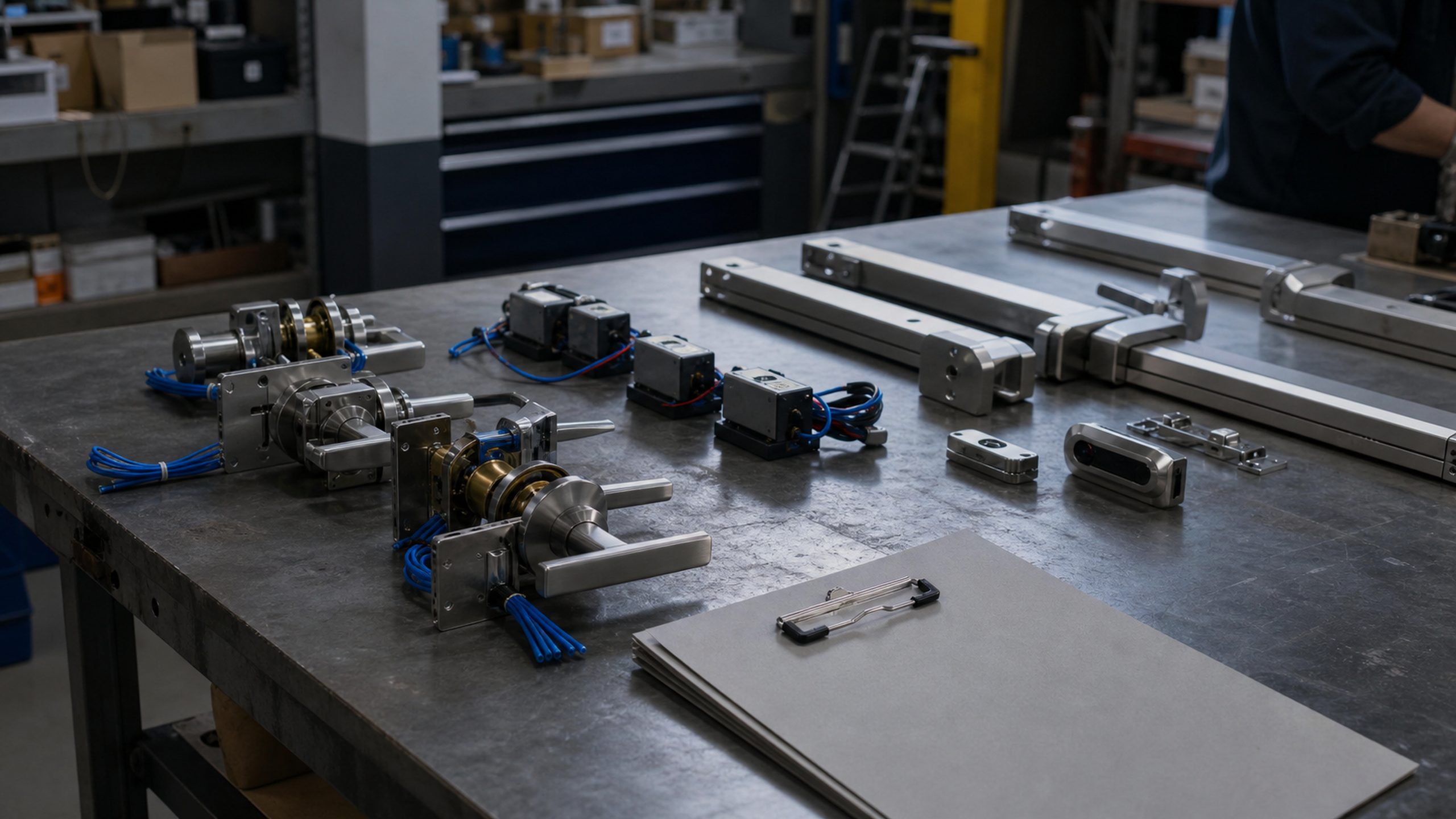 A staging bench of electrified locksets, exit devices and power supplies laid out in prep order.