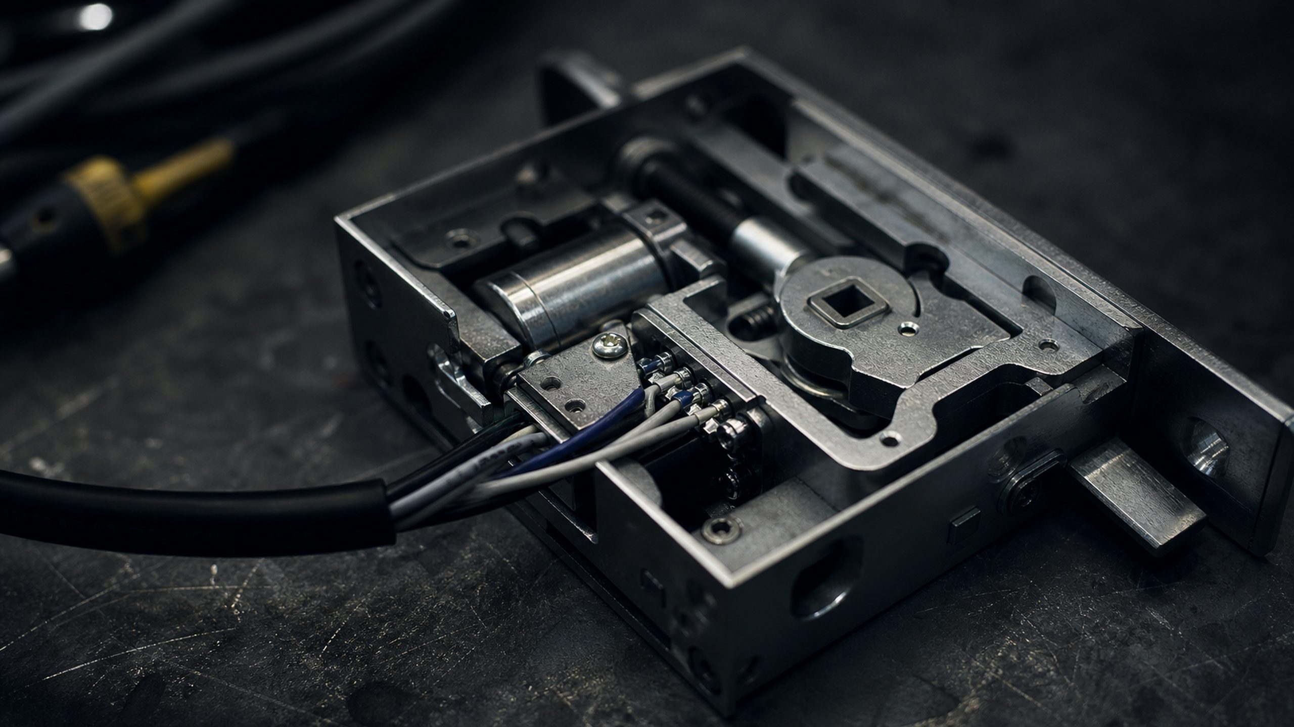 The interior of an electrified mortise lock with its low-voltage control wires exiting to a connector.