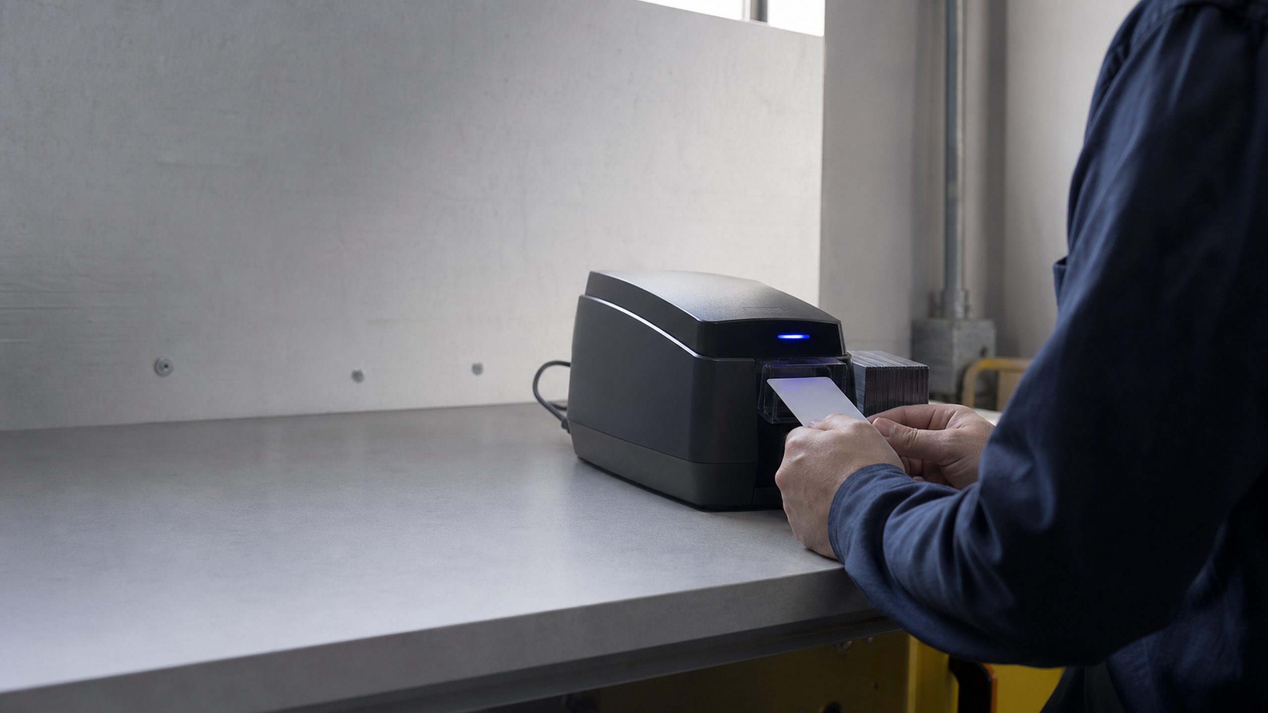 A technician seating a blank badge card into a desktop encoder at a credential-enrollment desk.