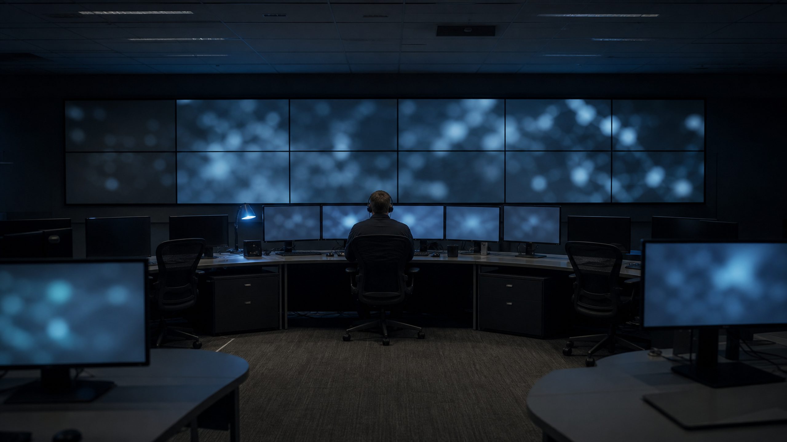 A quiet security-operations room with analysts facing a wall of dim monitors.