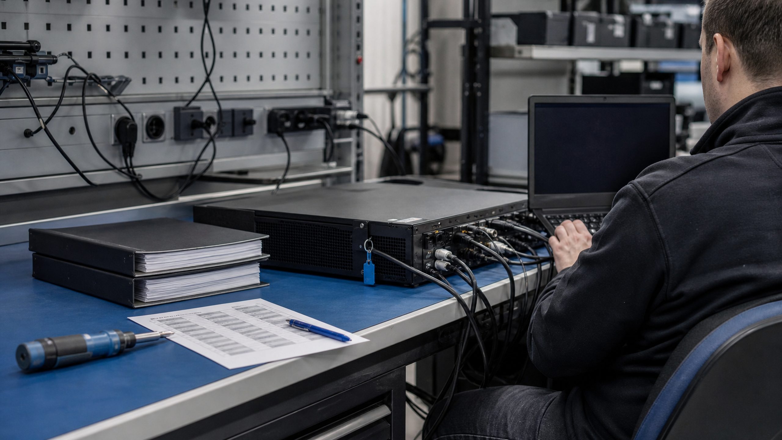 An engineer running a hardening pass on a benched appliance beside a console laptop and closed binders.