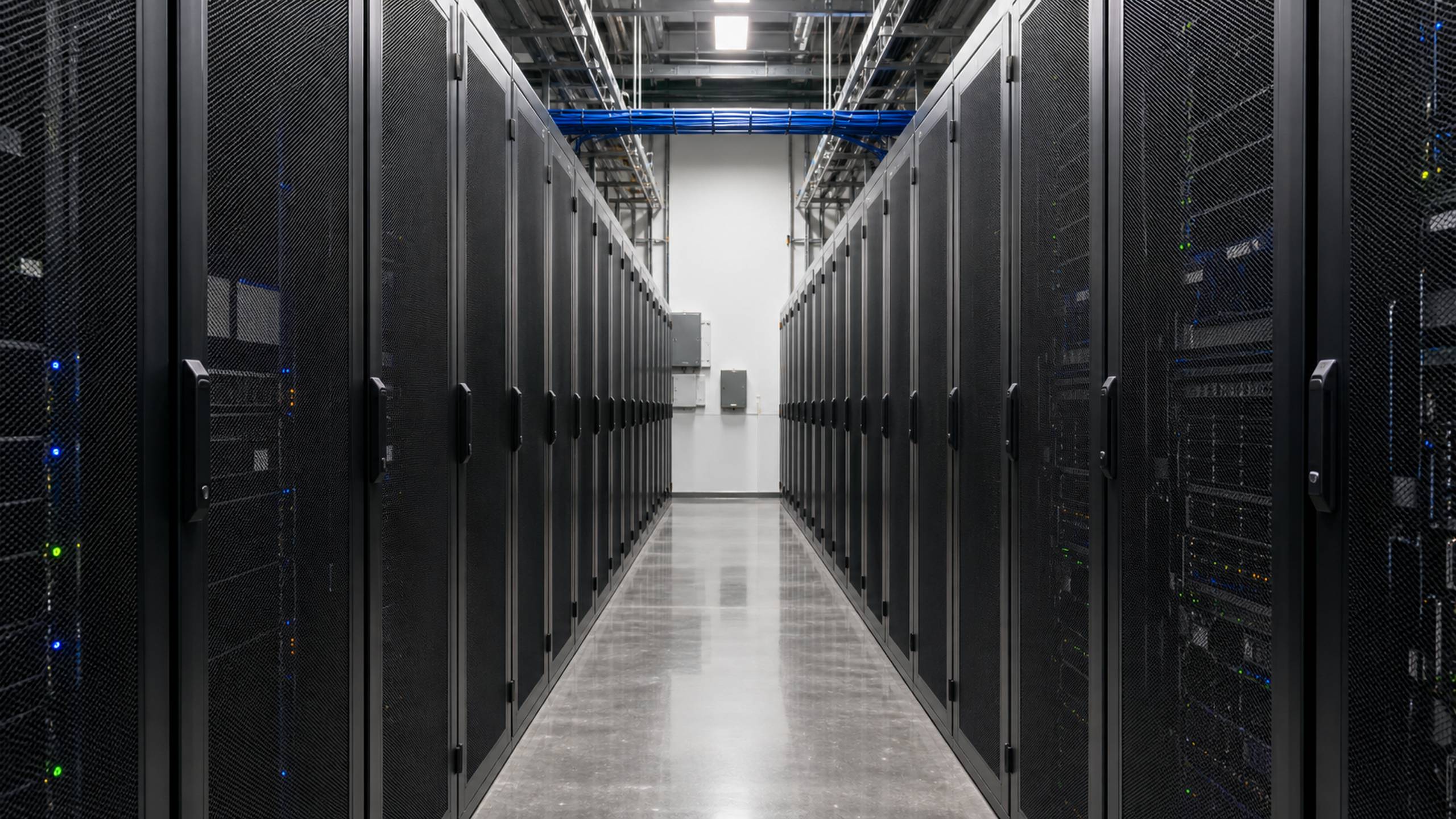 An empty cold aisle of dark network cabinets receding under even facility light.