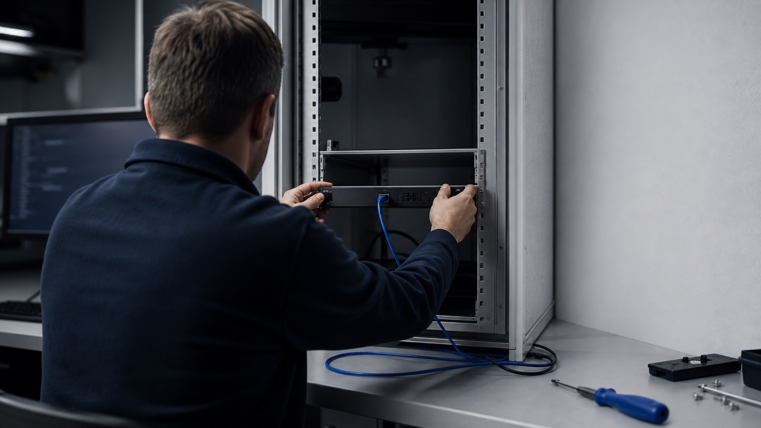 An engineer seating a small network appliance into a bench rack and threading a console cable.