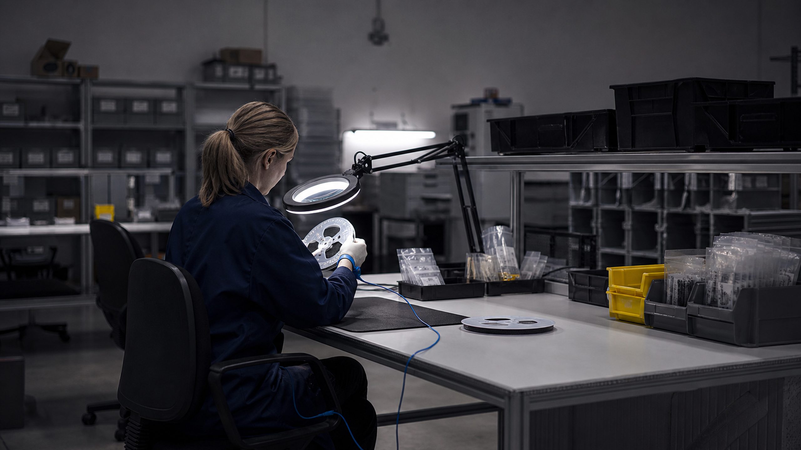 A technician under a boom magnifier comparing a pulled component against a reference reel.