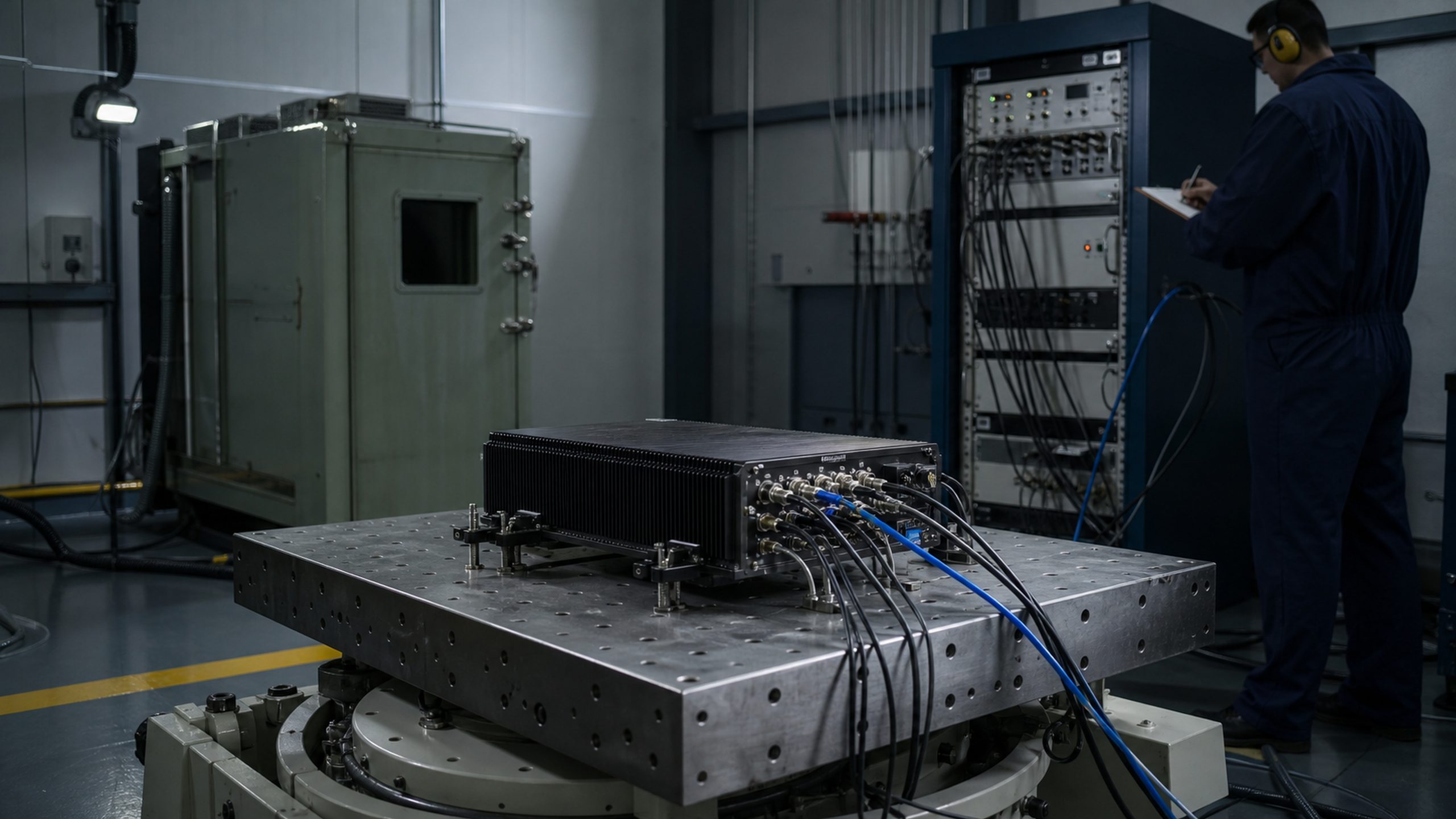 A rugged chassis clamped to a shock-and-vibration table with instrumentation cabling fanned to a rack.