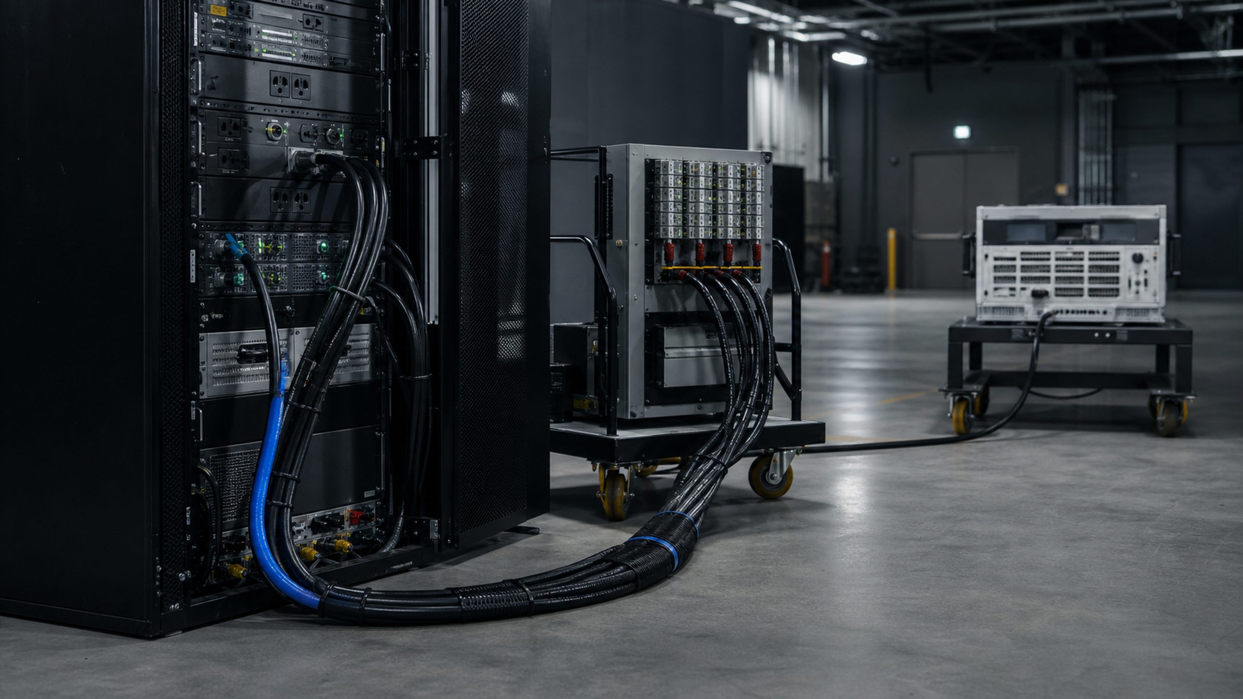 A rack-mounted PDU and UPS cabinet on an integration cart with heavy cabling dressed and combed.