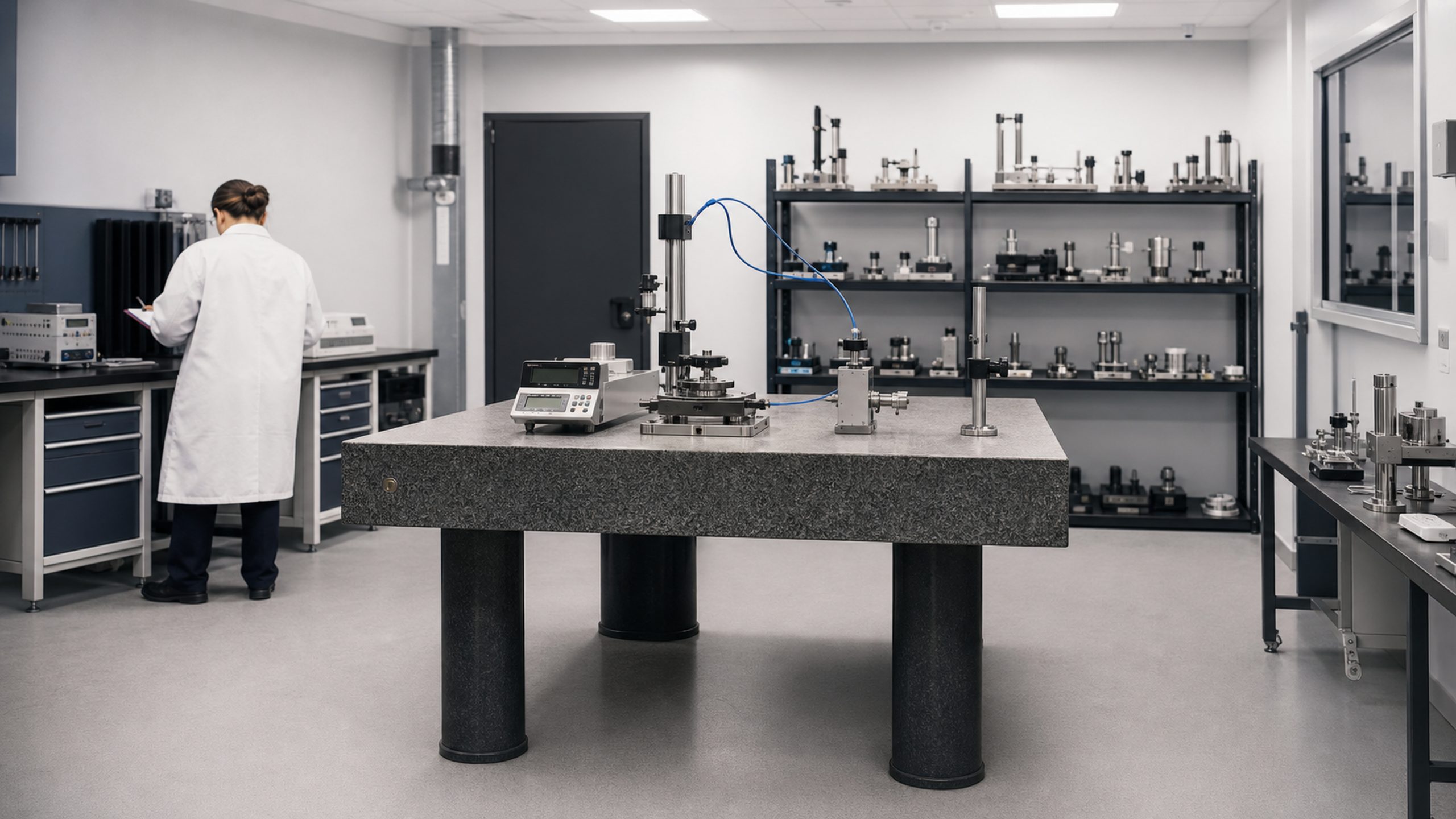 A comparison calibration setup on a granite surface plate with tiered reference standards racked behind.