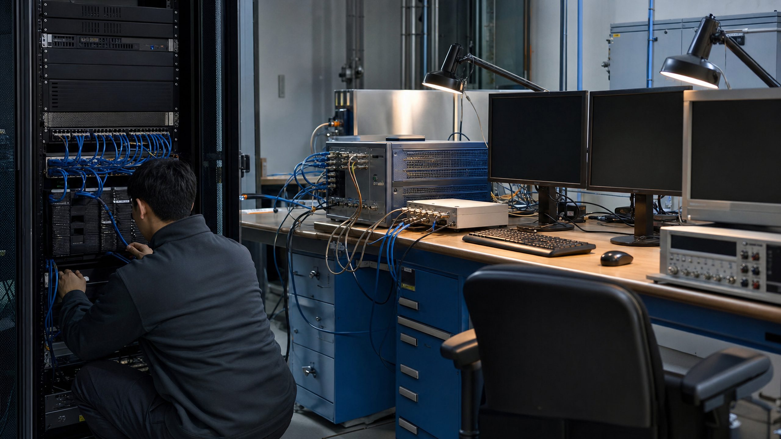 A lab-IT corner with a blank-faced server rack and DAQ chassis cabled to instrument-control workstations.