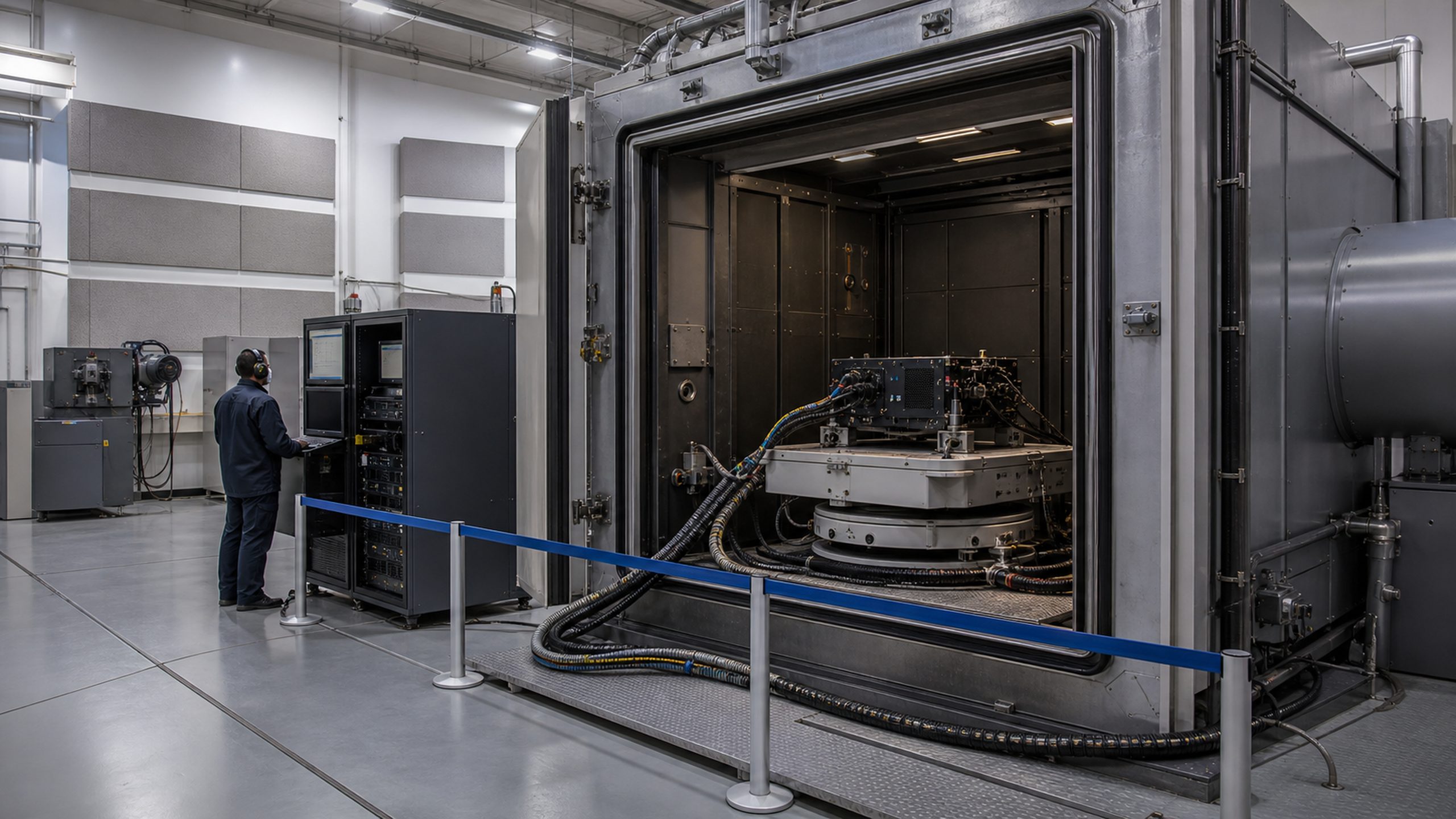 An open thermal-vibration chamber with a device-under-test fixtured on a shaker table and sensor looms running out.