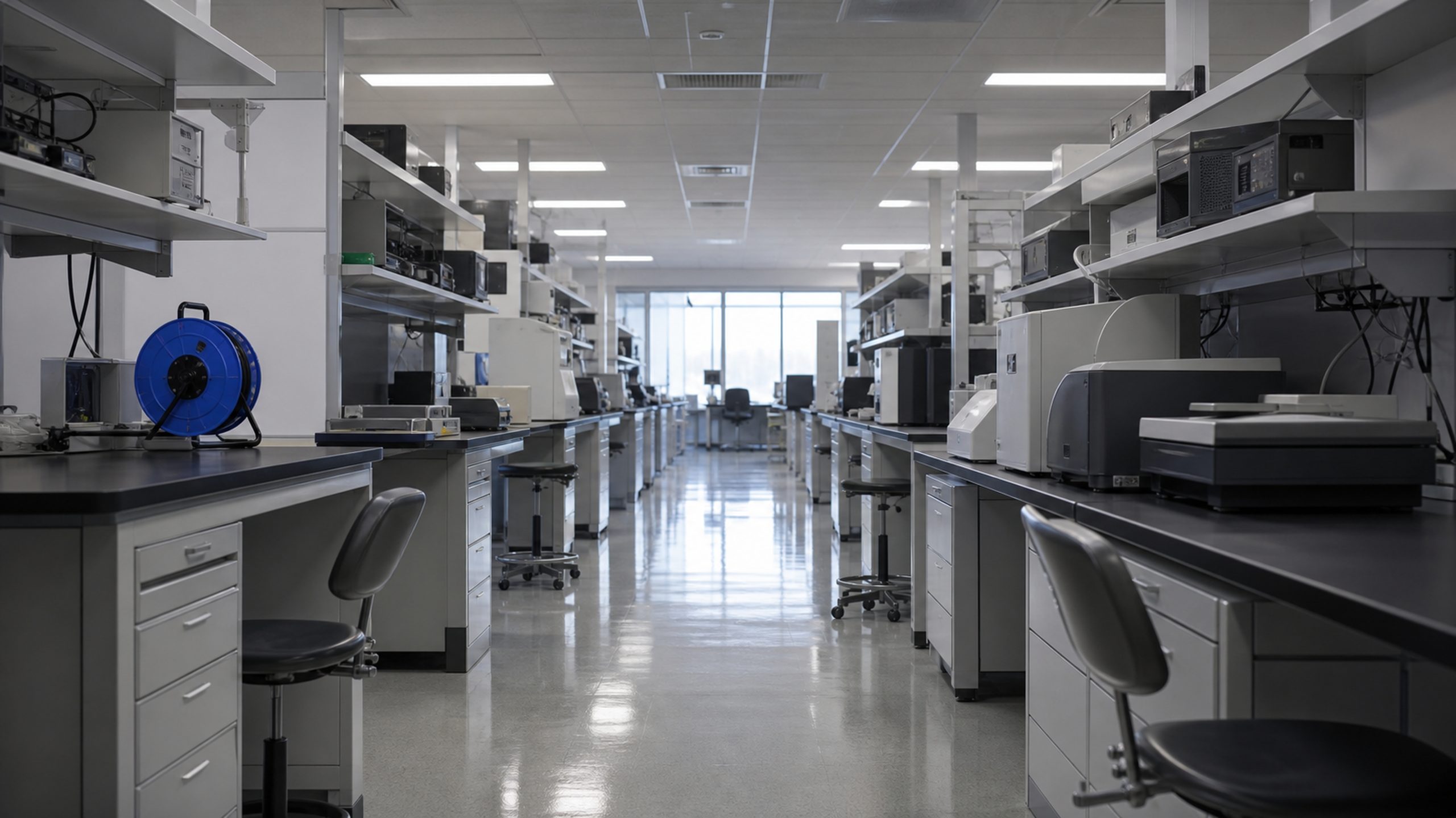 An orderly R&D lab aisle of parallel instrumentation benches receding toward a bright window.