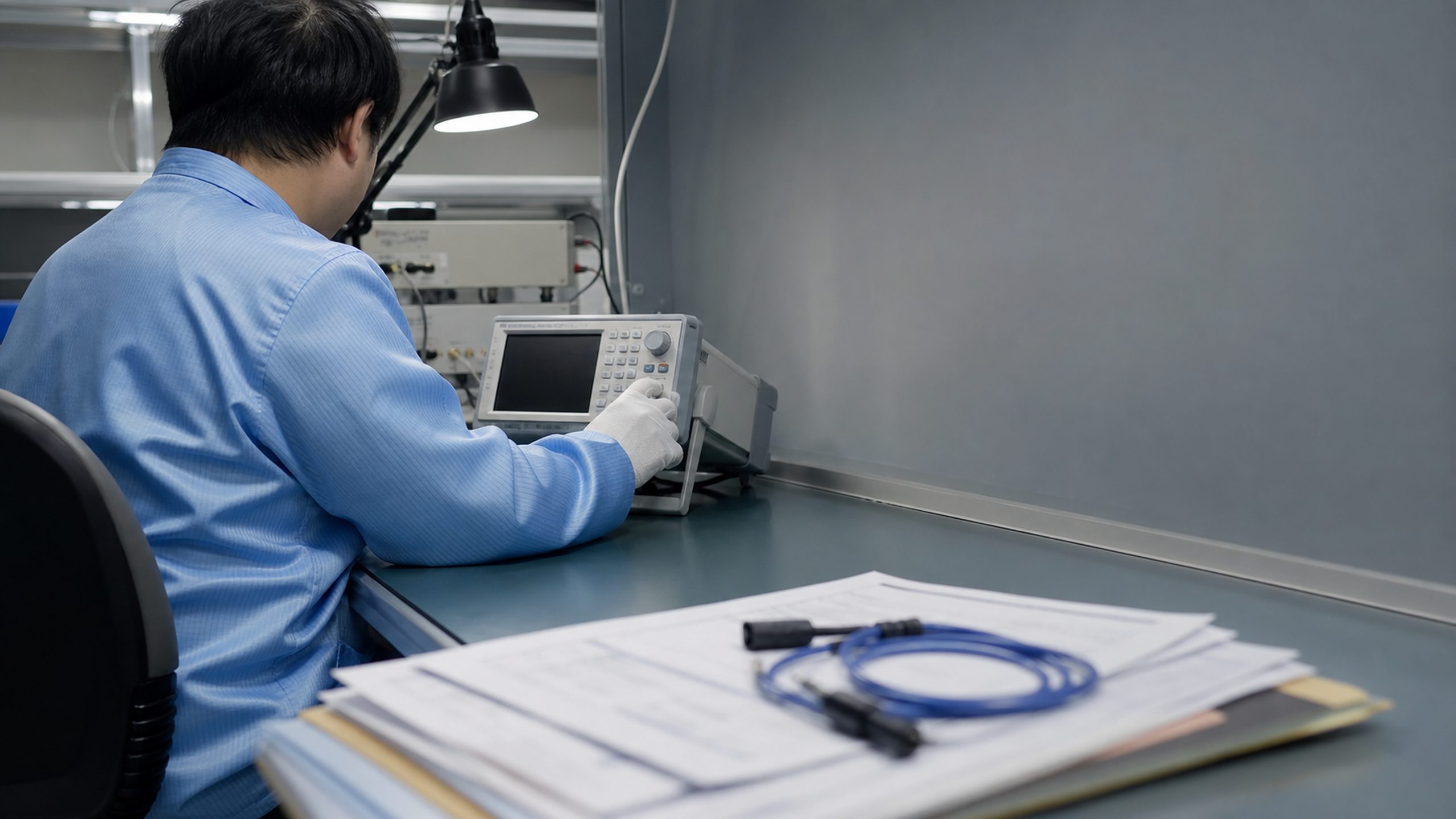 A lab technician adjusting a reference instrument by hand at a calibration bench.