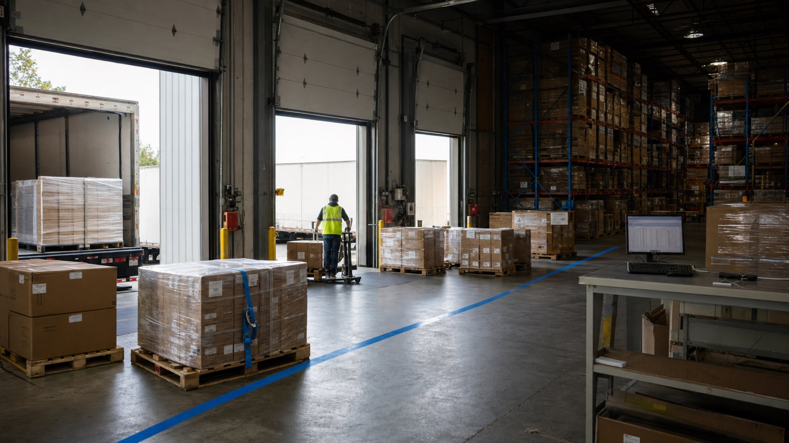 A busy inbound dock with open bay doors, mixed pallets landing on the floor and tall racking overhead.