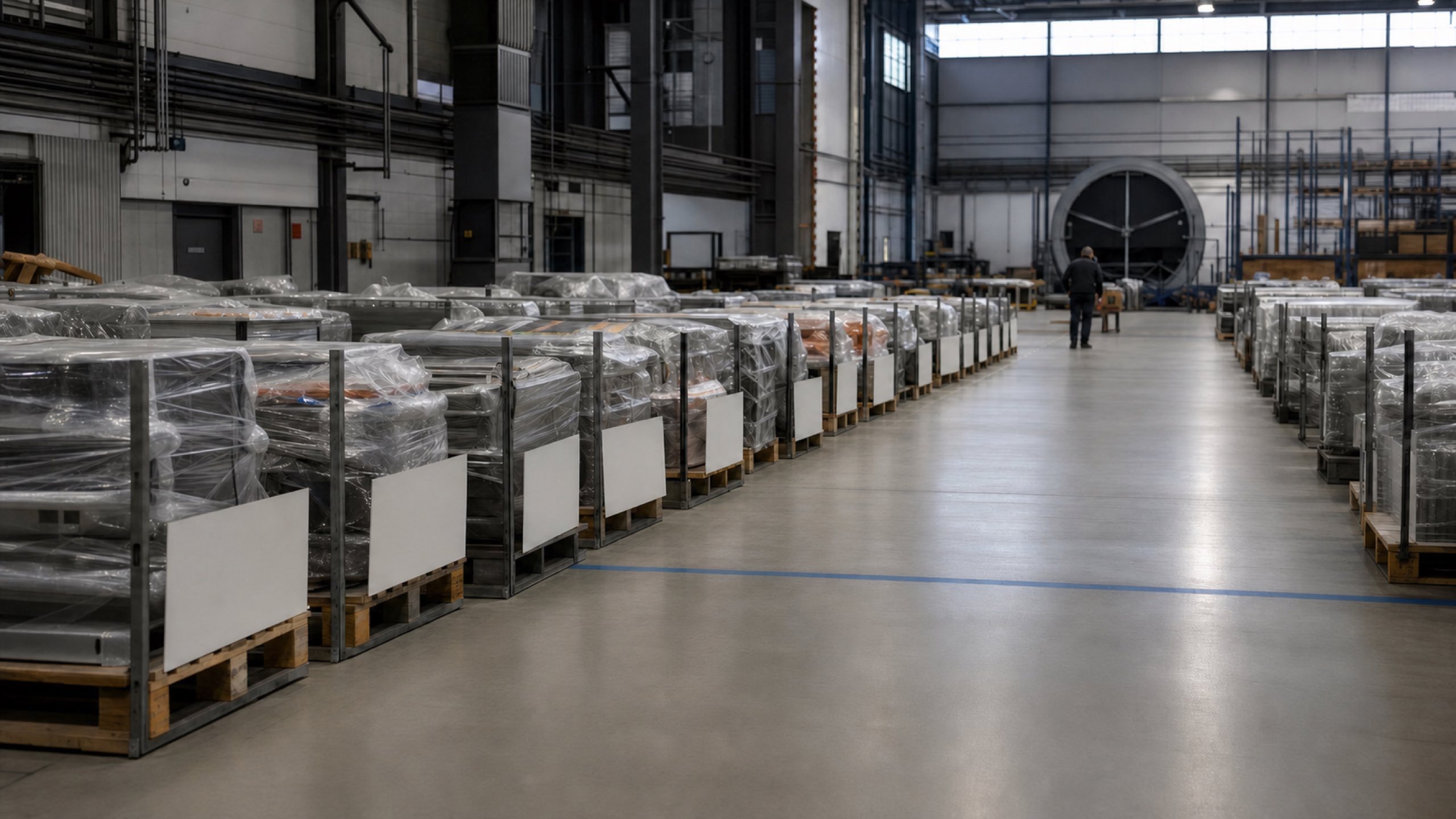 A staging area organized into numbered lanes each holding a wrapped bundle of kitted hardware.