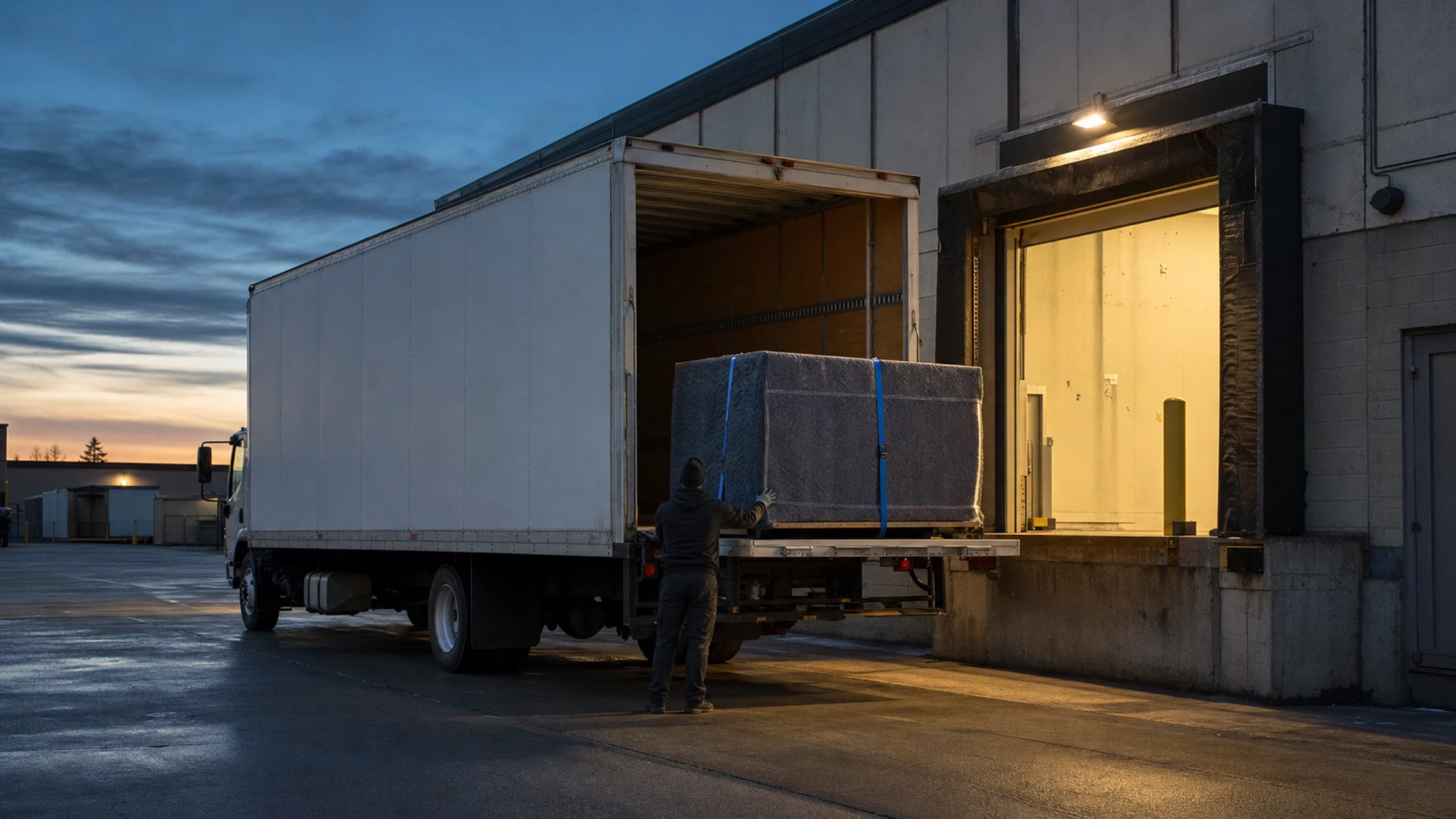 An unmarked box truck at a dock at dusk with a liftgate lowering a blanket-wrapped crate.