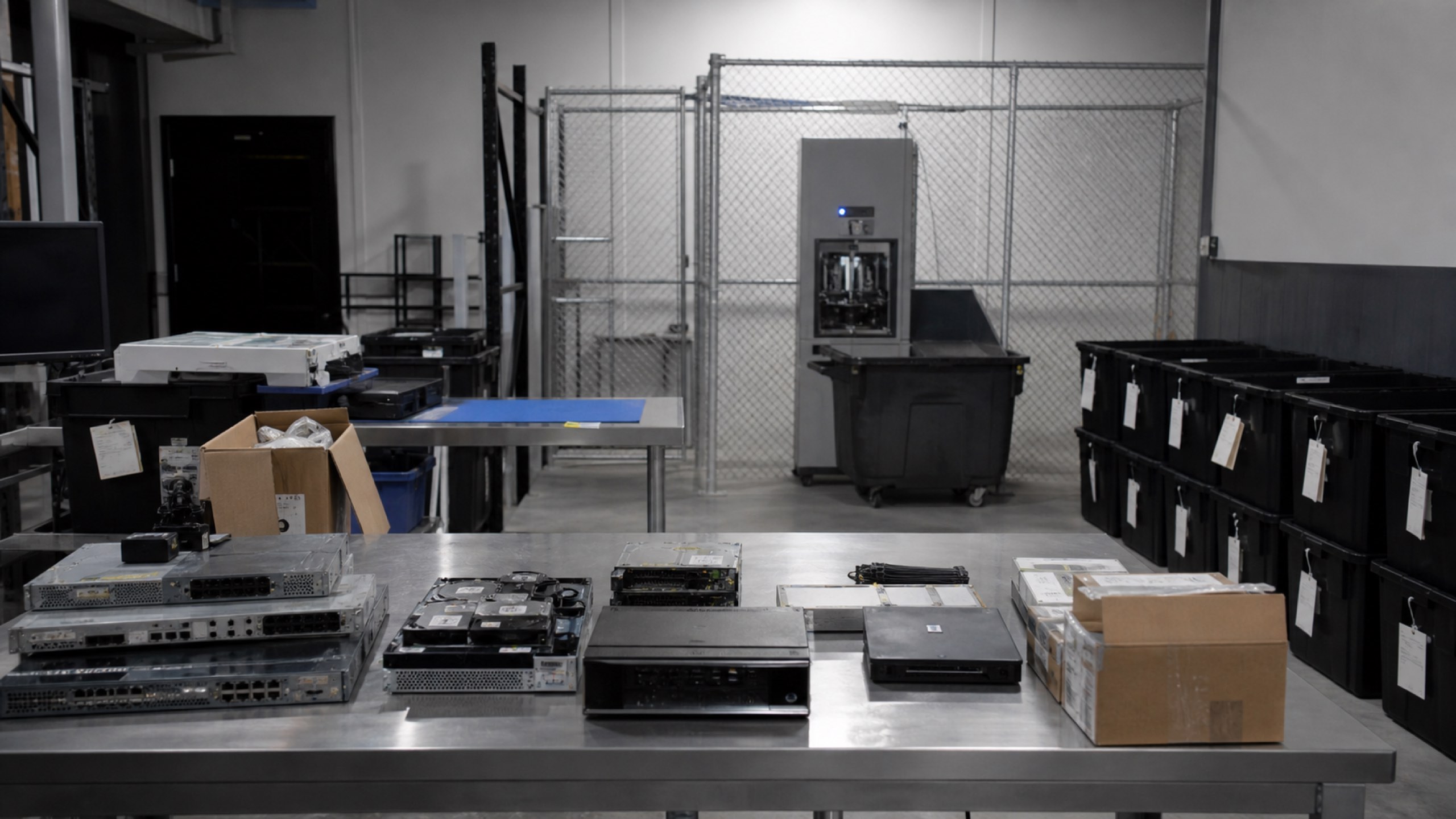 A secure reverse-logistics bay with returned equipment on inspection tables and a caged sanitization station.
