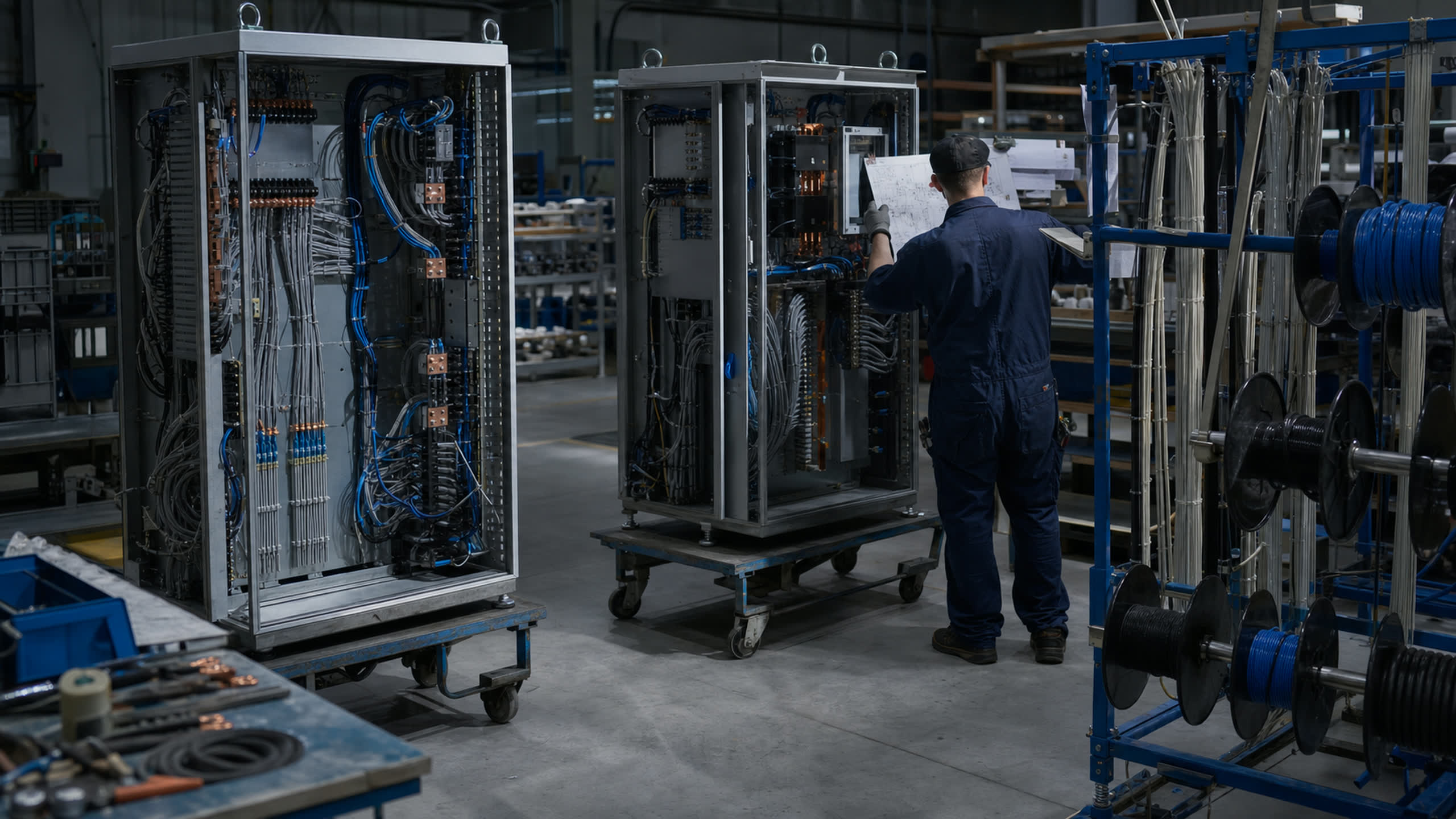 Two tall open control enclosures on assembly carts with wire spools nearby.