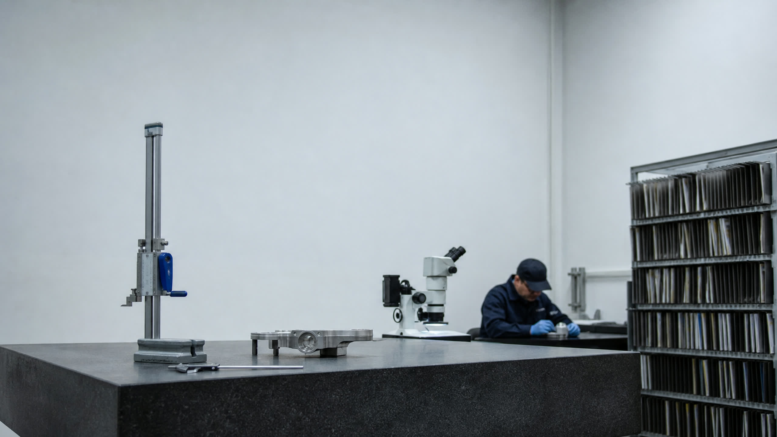 A first-article inspection bench with a height gauge, calipers and a microscope on a granite surface plate.