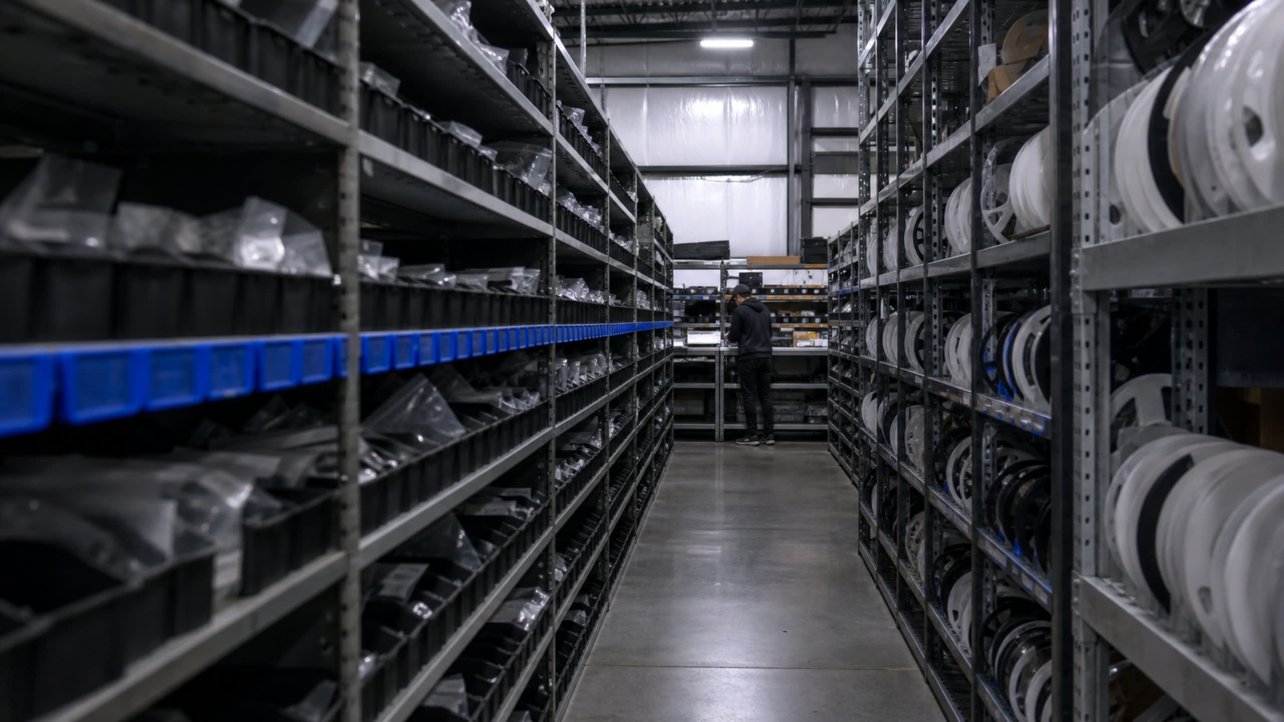 A component stockroom aisle of parts bins and reel racks leading to a kitting bench.