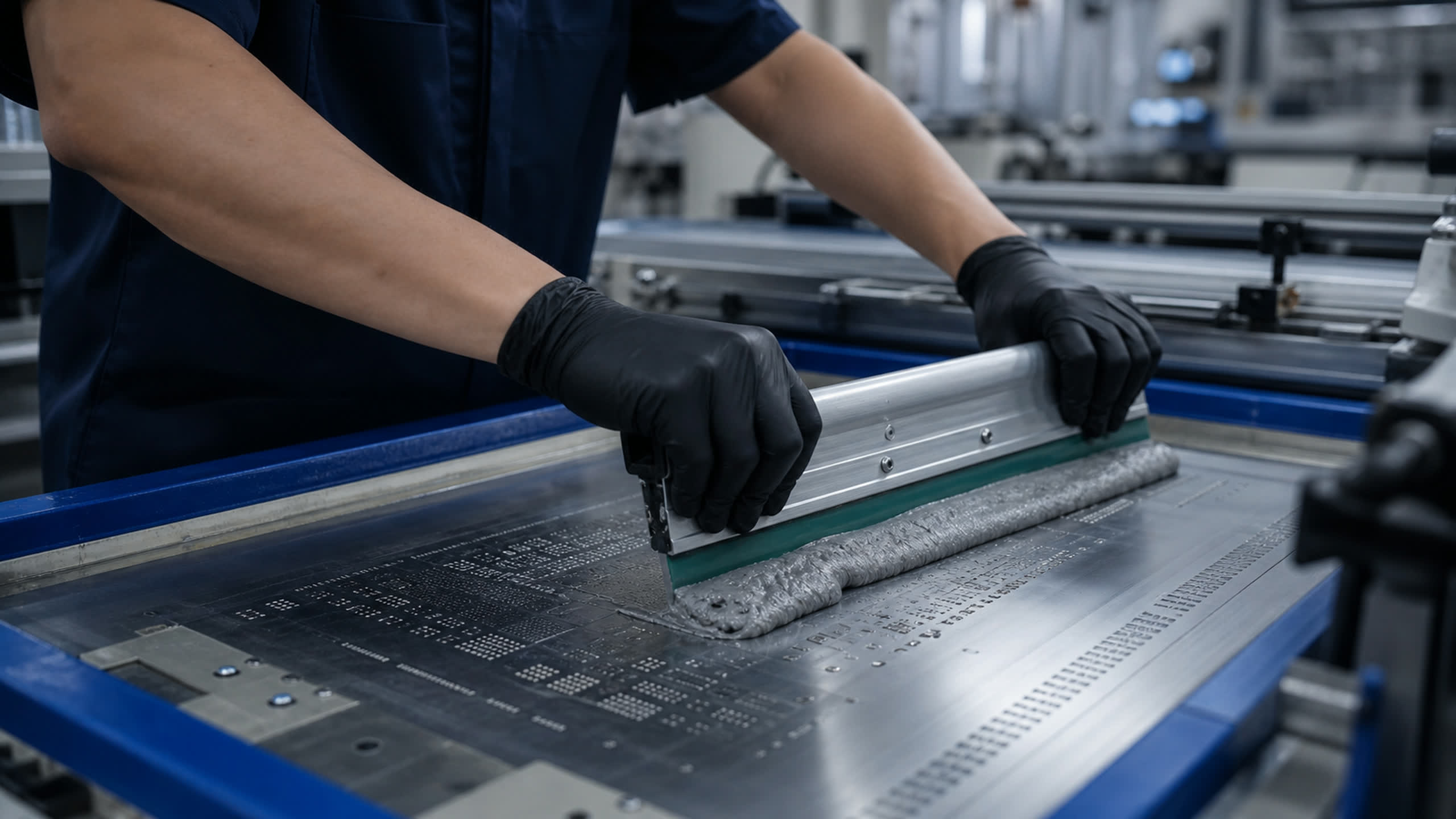 A gloved technician drawing a squeegee across a solder-paste stencil over a bare board.