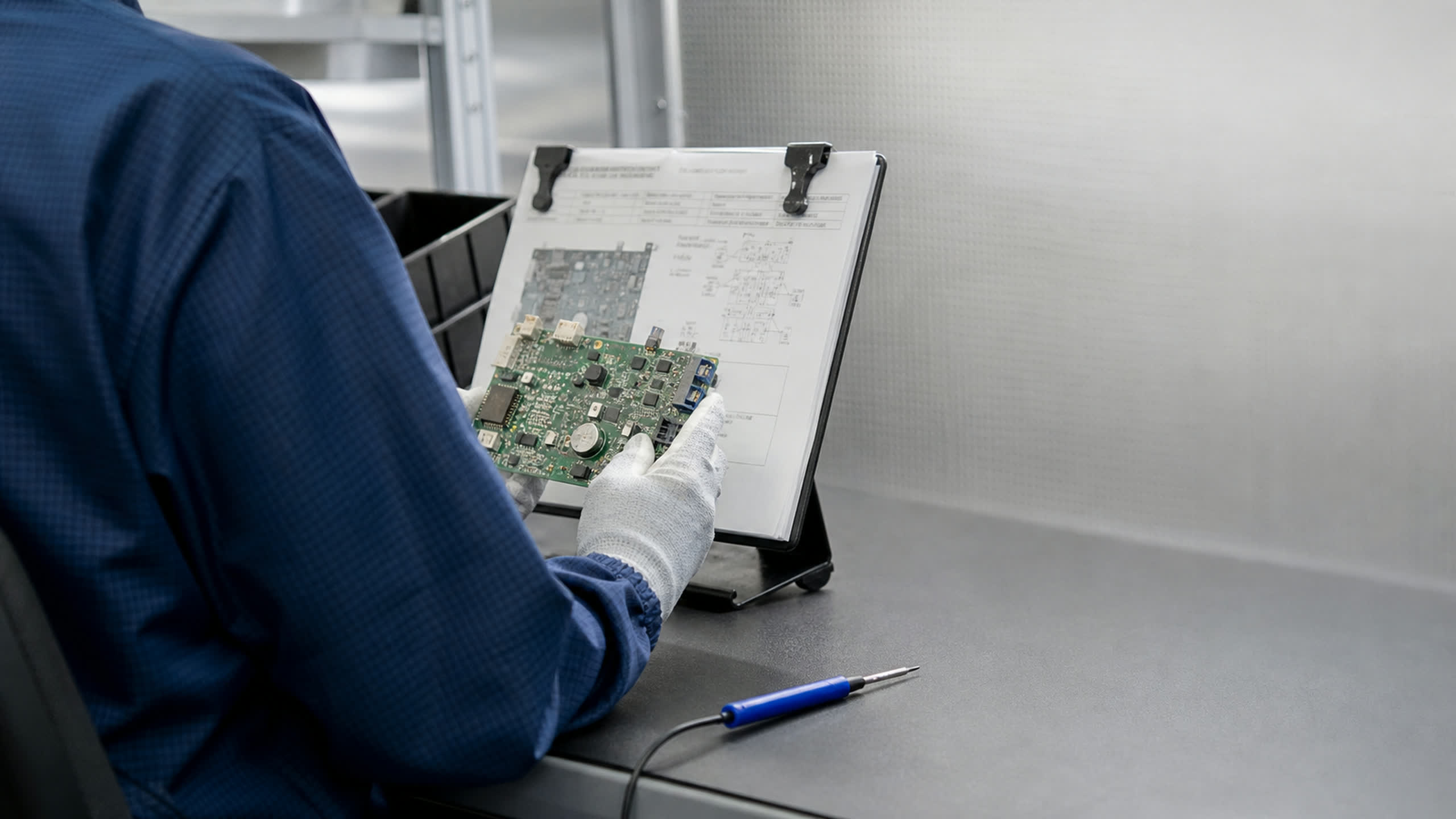 A gowned technician checking a circuit assembly against a work-traveler sheet at a first-article station.