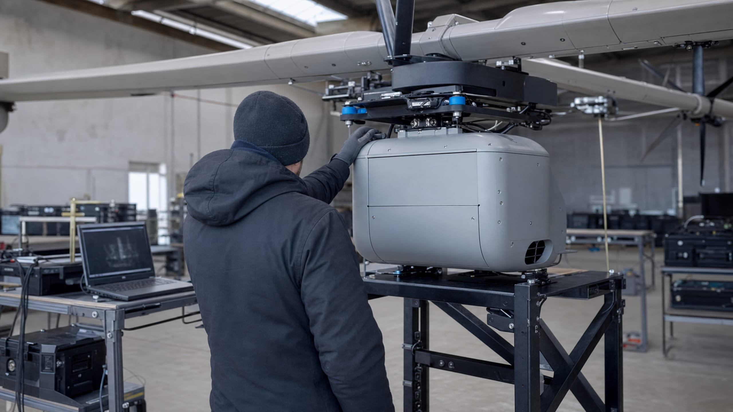 A technician validating an airborne LiDAR pod mounted beneath a survey-UAV frame on a work stand.