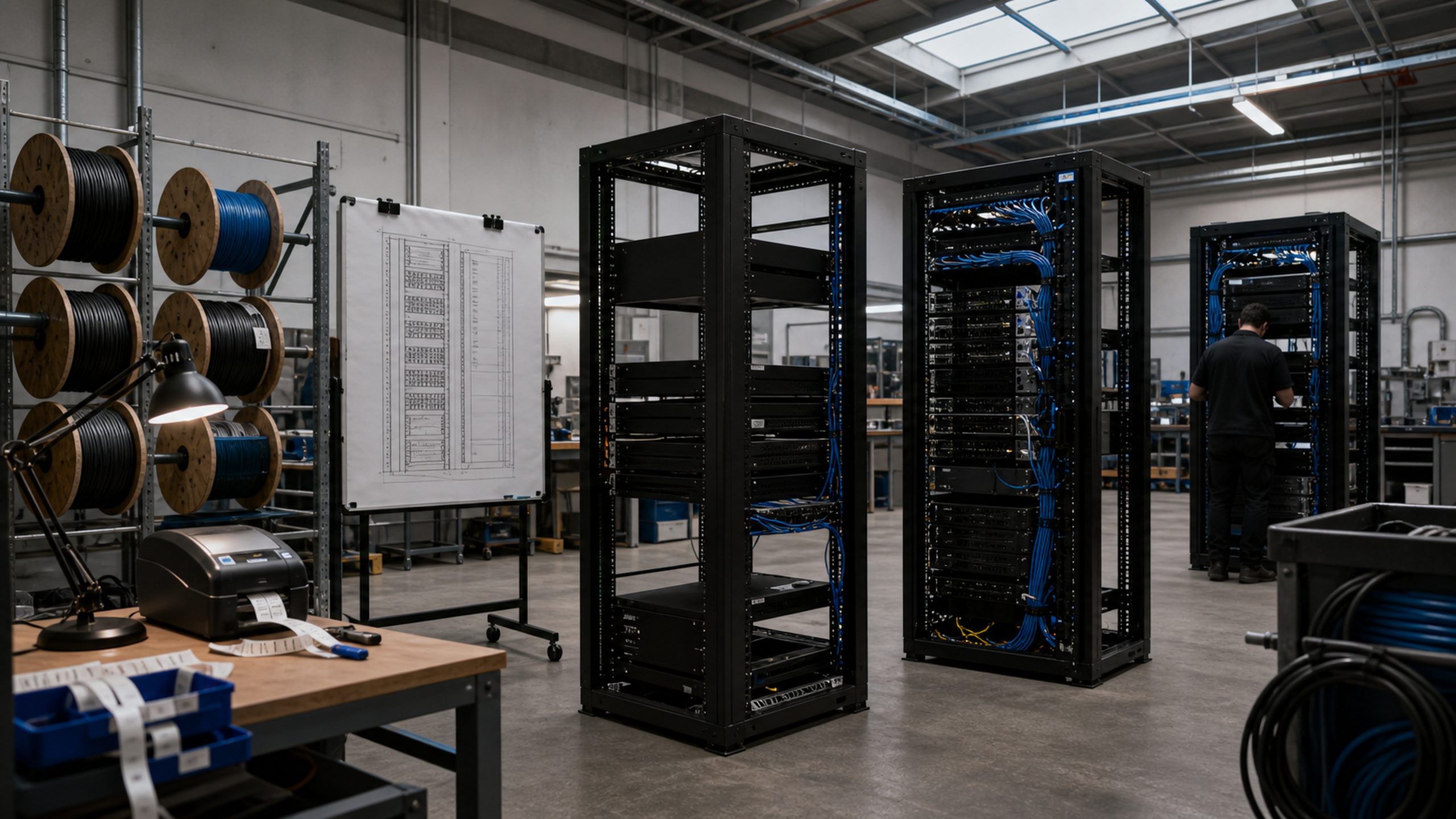 Three open server racks at different build stages with cable spools and a labeling station.