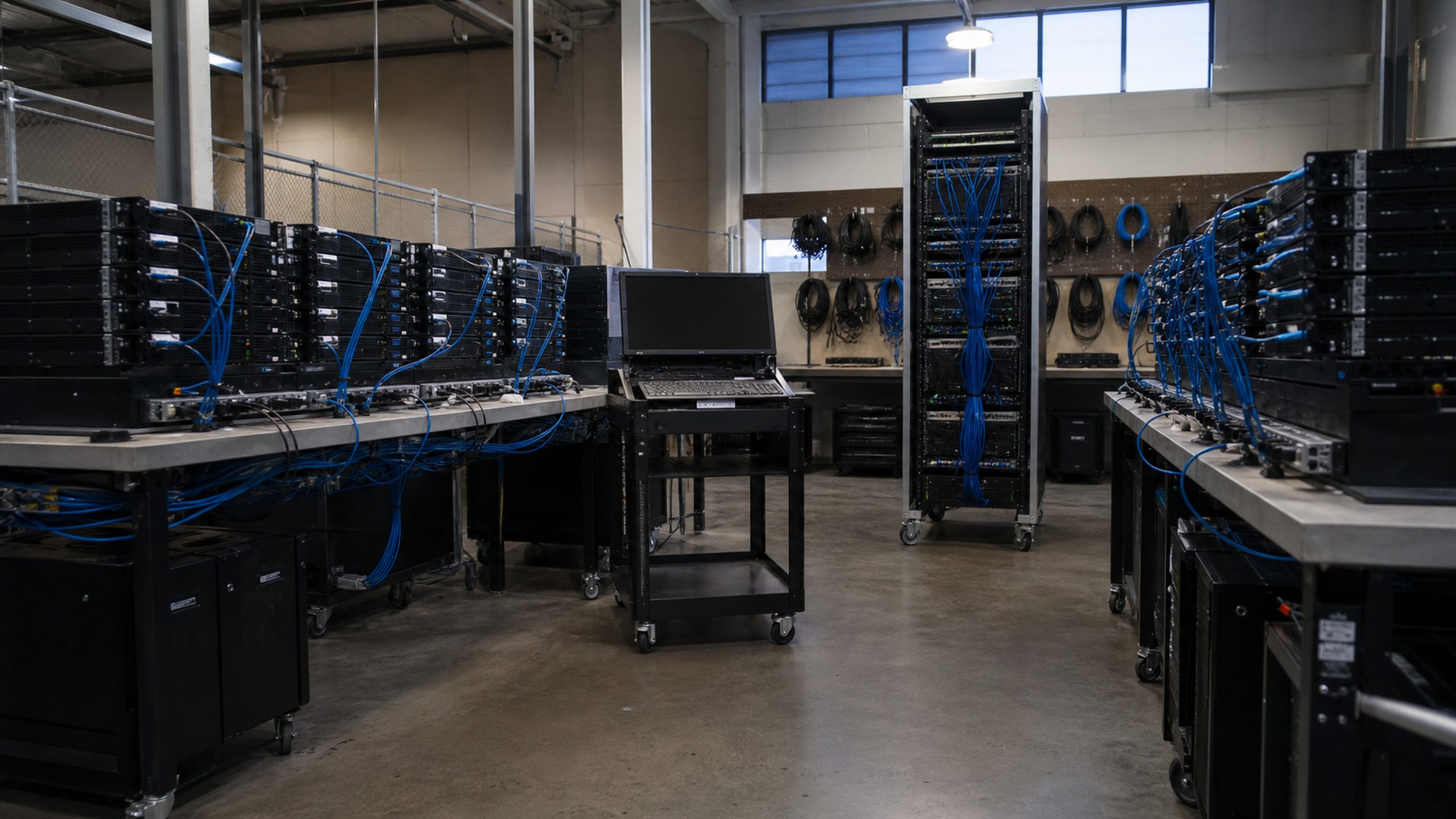 Benches of blank-bezel servers cabled into a central provisioning rack beside a KVM cart.