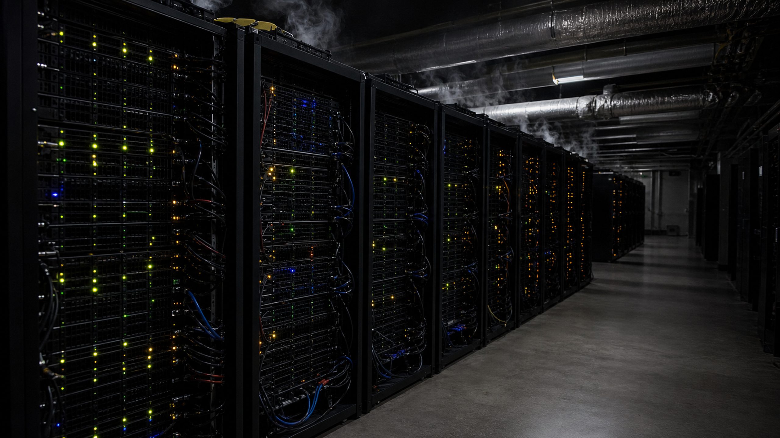 A powered multi-rack system in a dim burn-in room with dense status-LED bezels.
