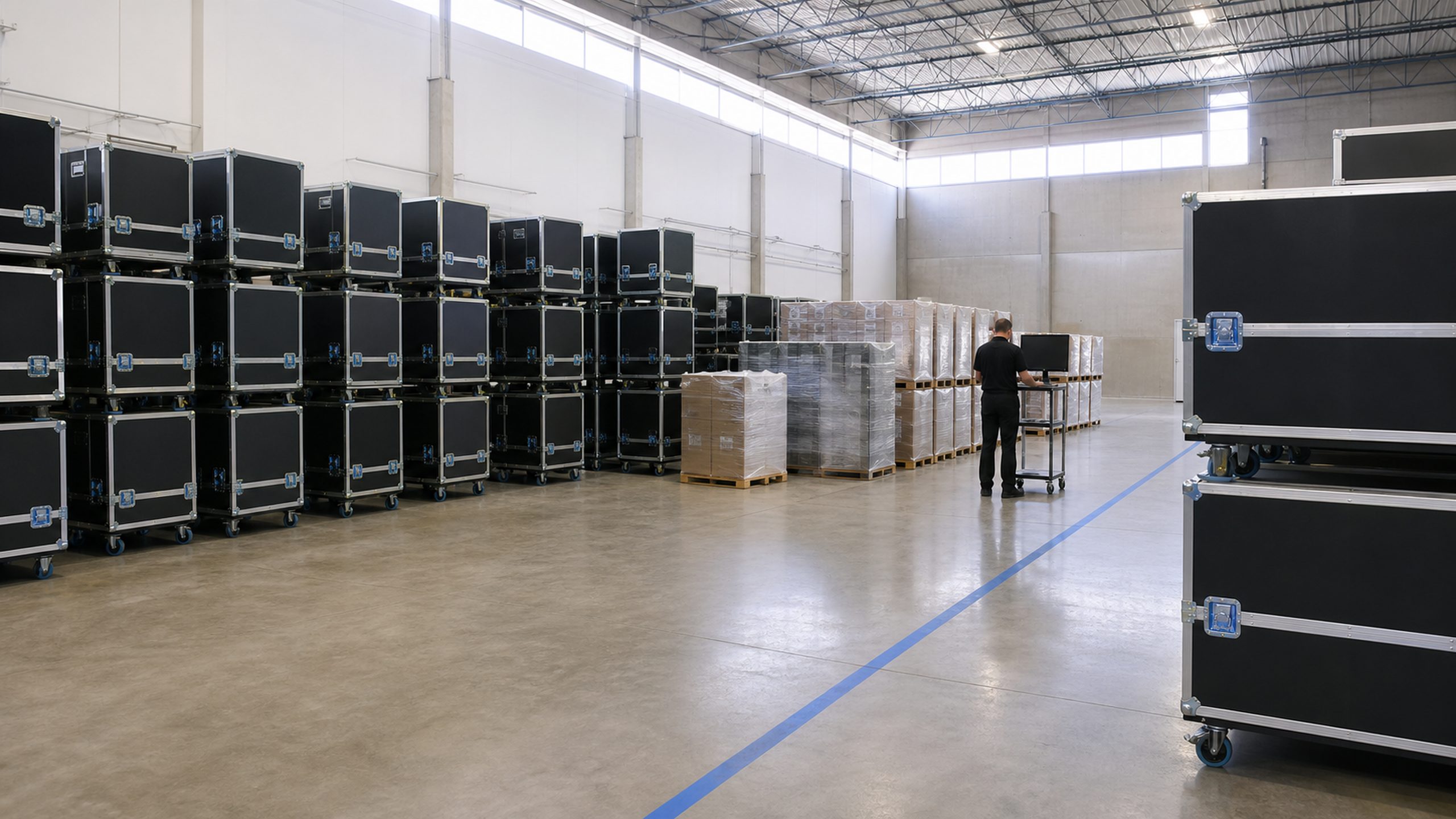 Numbered transit rack cases and shrink-wrapped pallets staged in lanes for release.