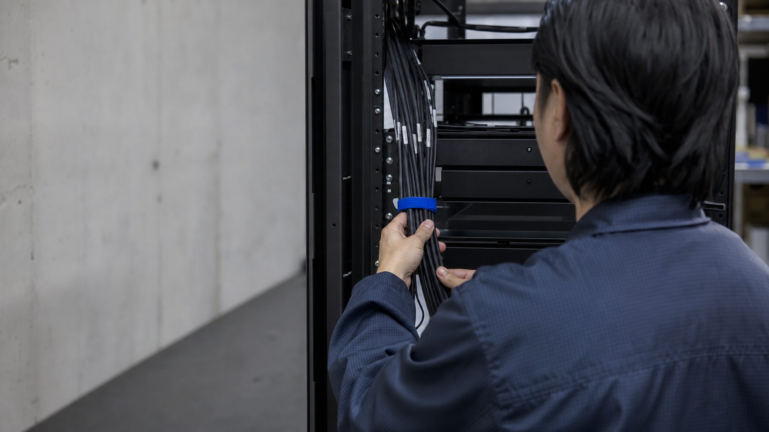 An integrator combing a bundle of labeled network cables against a half-built server rack.