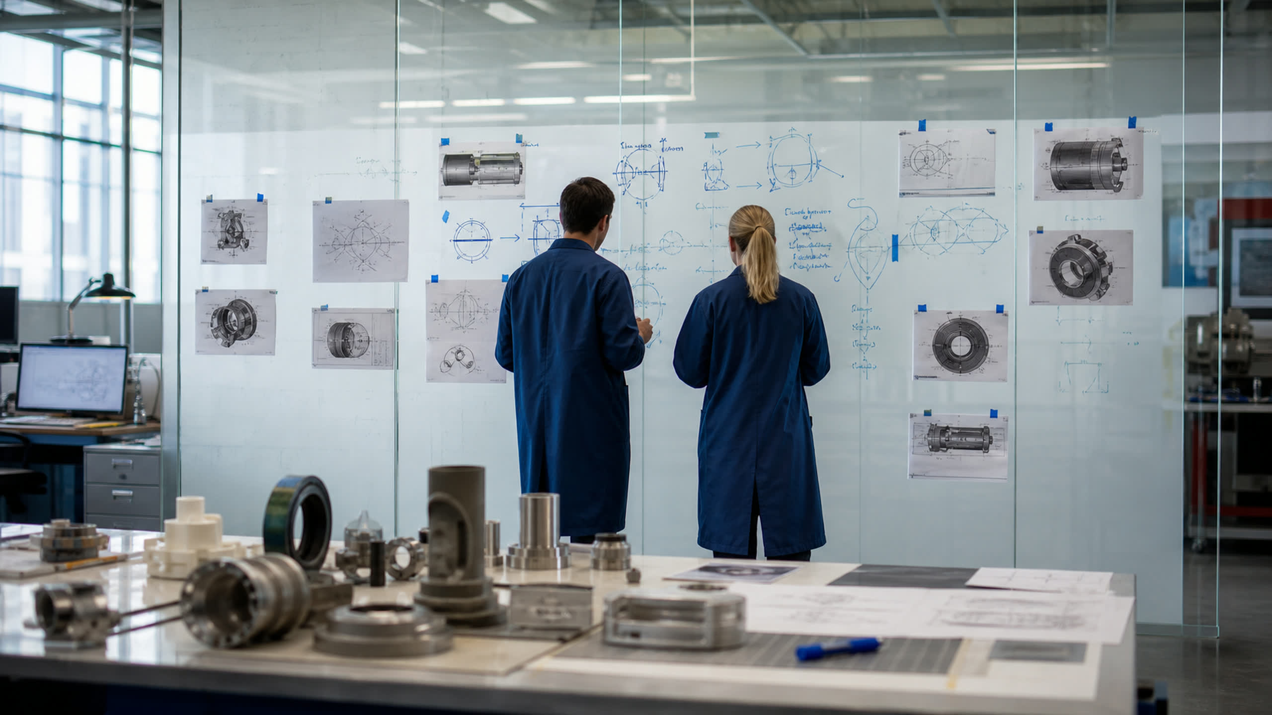 Two engineers at a planning wall weighing sample components on a lab bench.