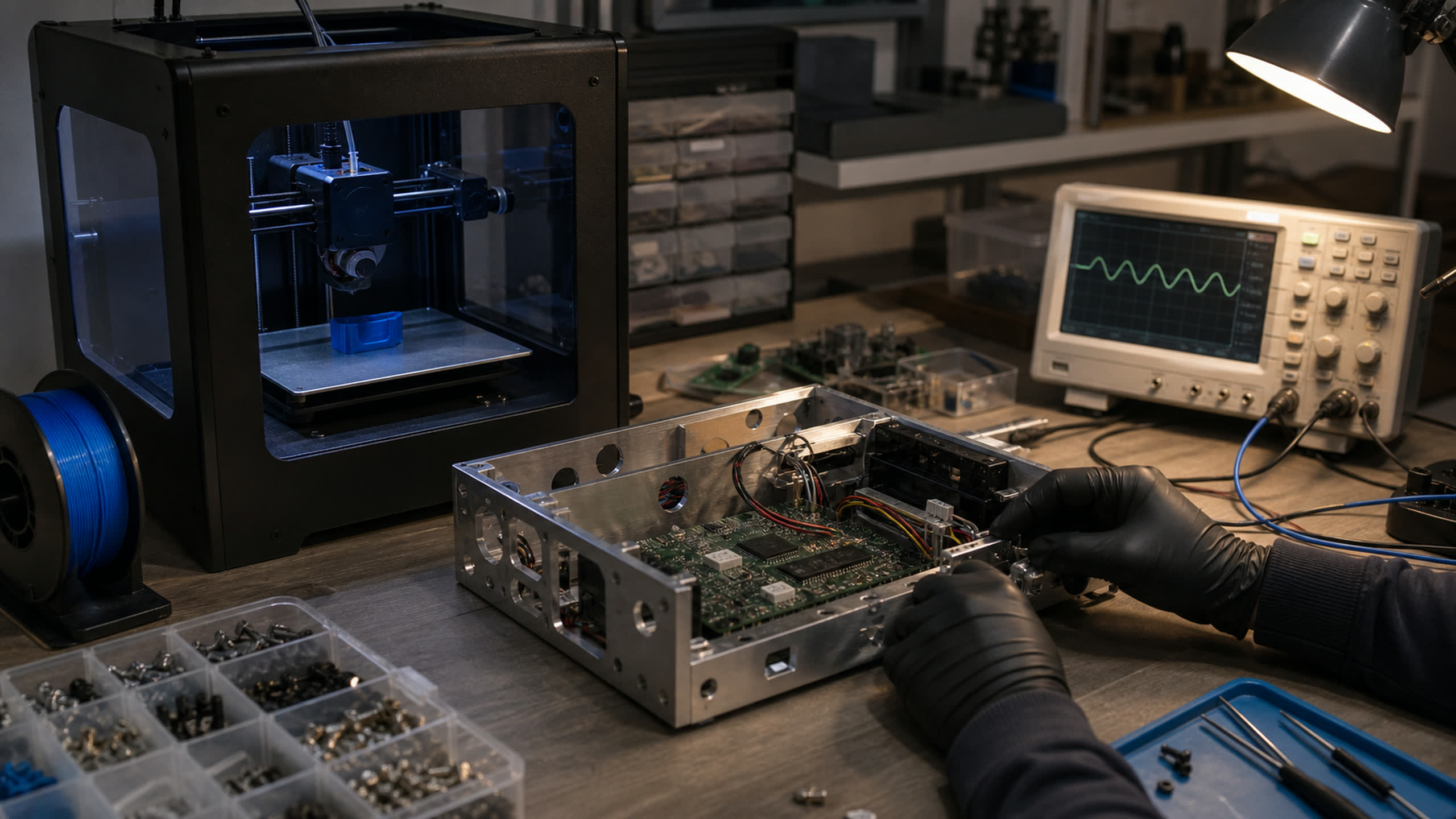 A prototype bench with a running benchtop 3D printer, an oscilloscope and a half-built chassis.