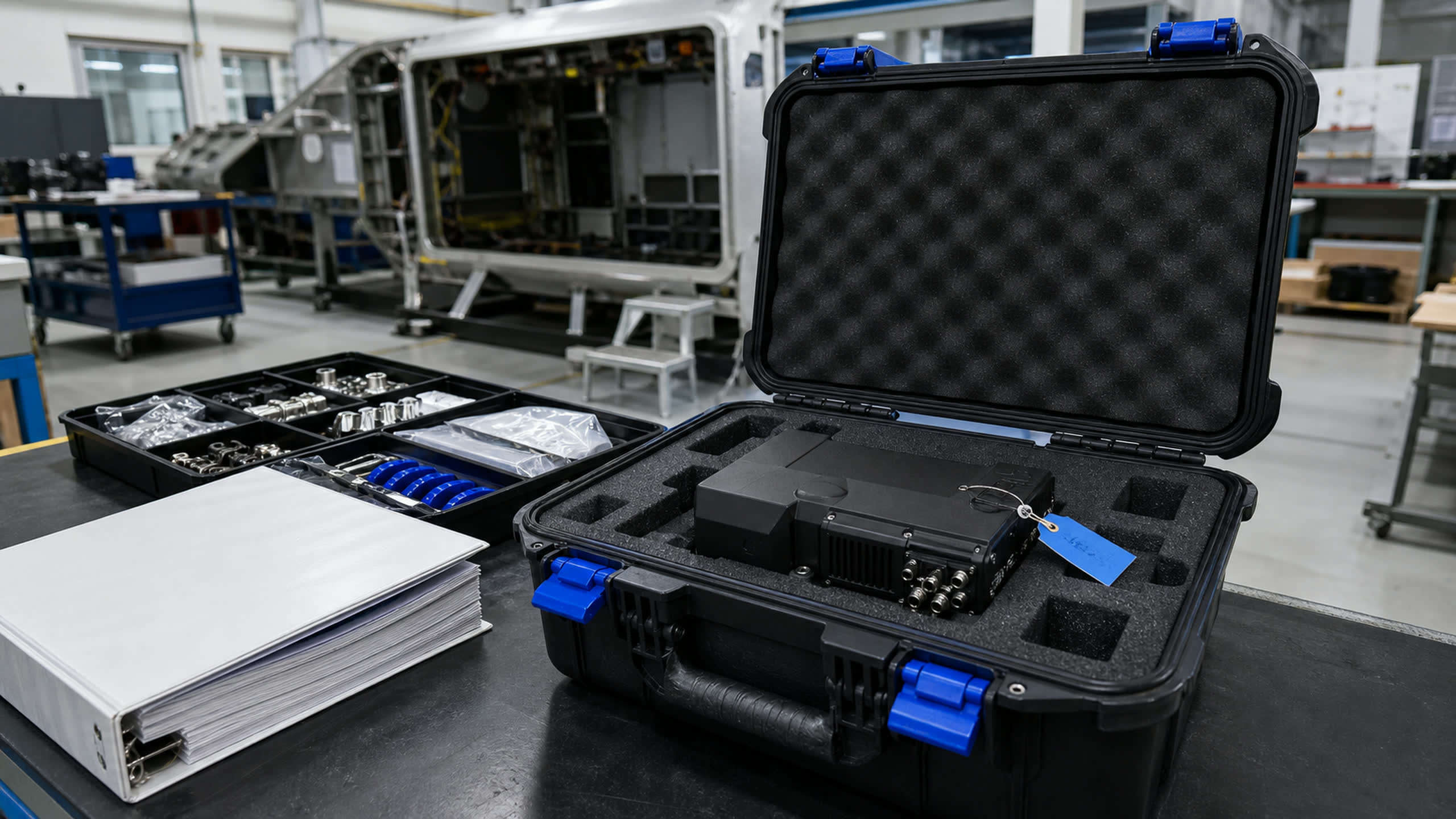 A finished prototype unit in a foam-lined transit case beside a thick documentation binder.