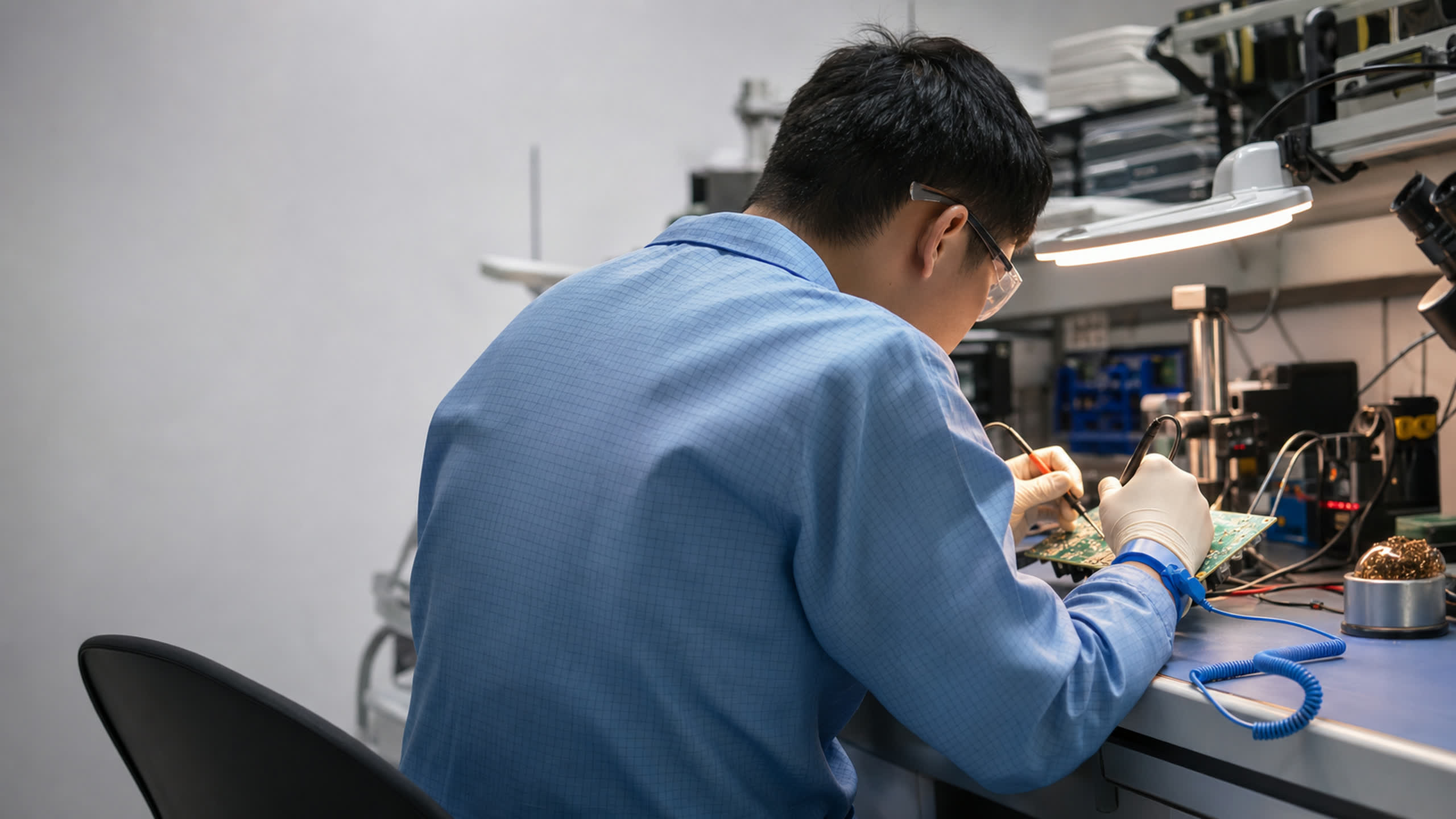 An engineer in an ESD smock leaning over a rework station, probe in hand on a prototype board.