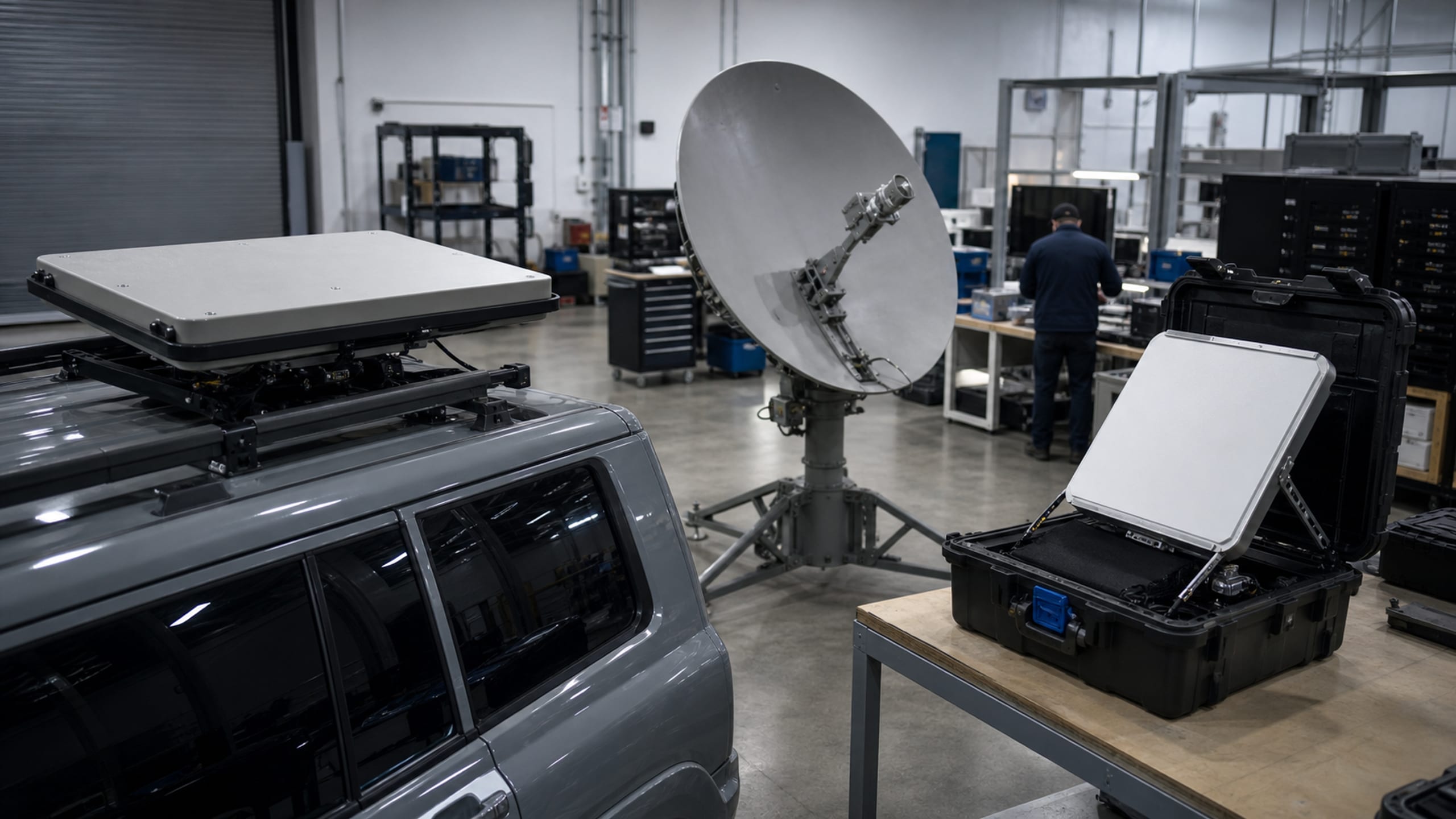 A vehicle-mounted flat-panel terminal, a parabolic dish and an open manpack case staged on an integration floor.