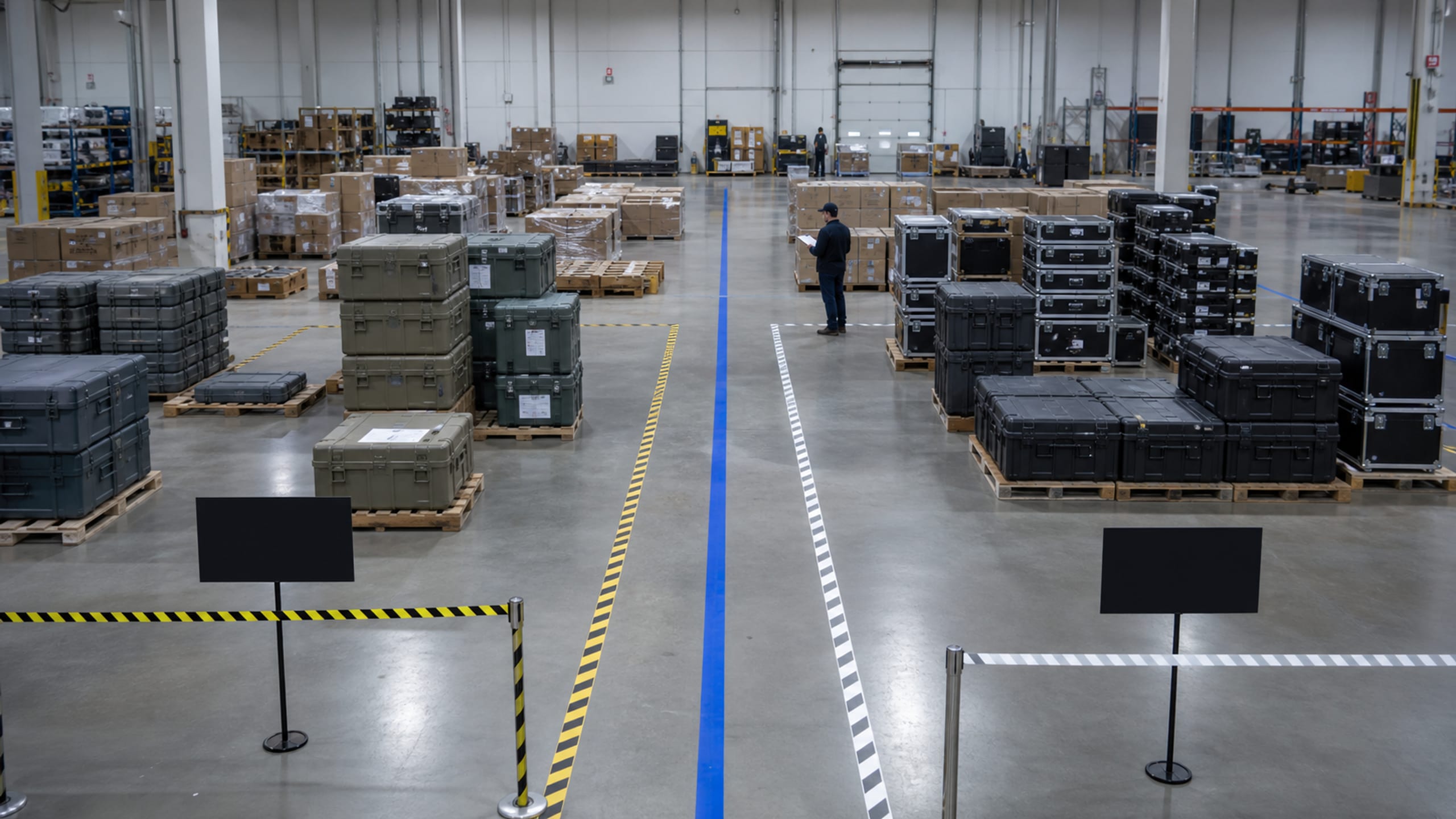 An export-staging area split into taped-off zones with segregated pallets and transit cases.