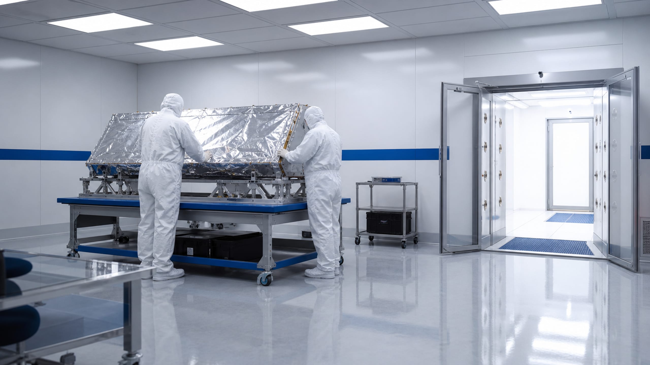 Two suited technicians handling a foil-wrapped fixture on an ESD bench in a cleanroom.