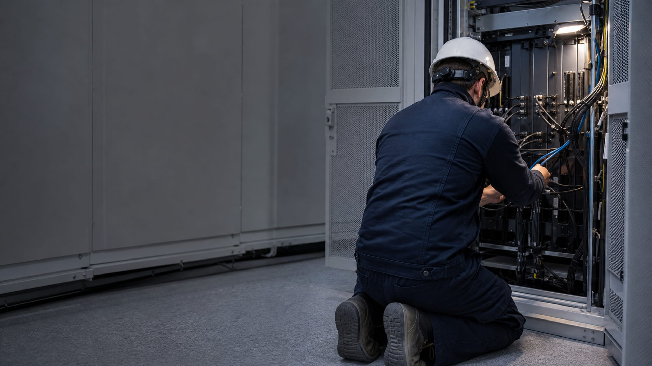 A technician kneeling to dress cabling behind an open modem rack in a staging bay.