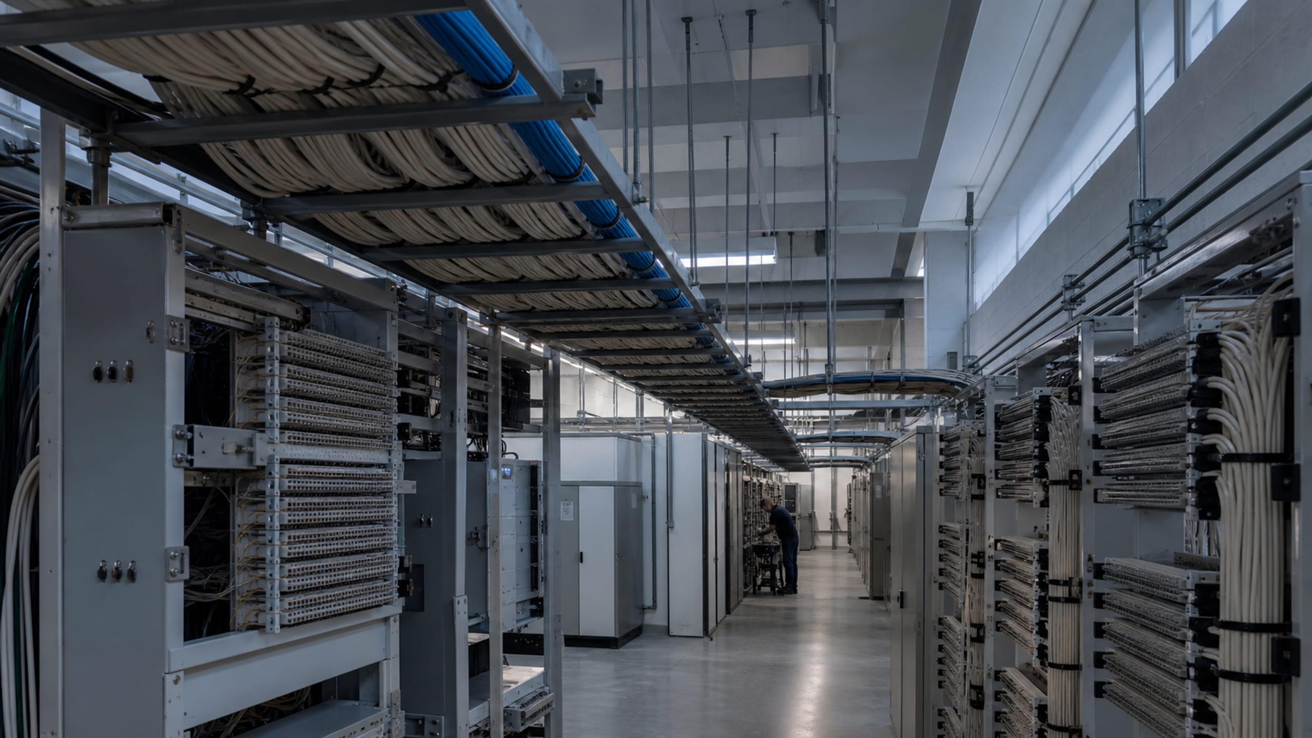 An overhead ladder-rack pathway of combed backbone bundles running down a telecom room.