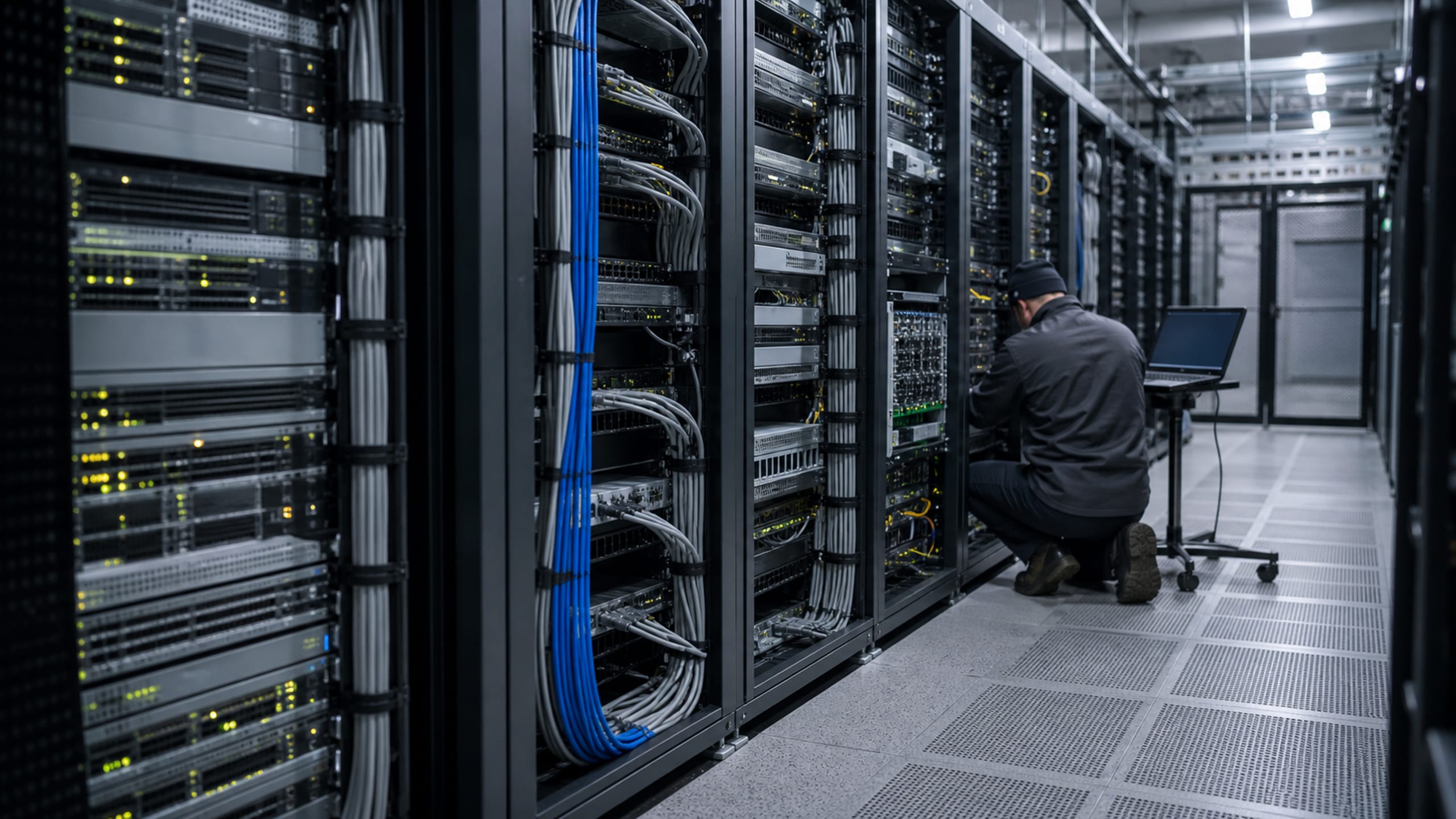 A cold-aisle row of switching chassis with dense fiber cabling combed down vertical managers.