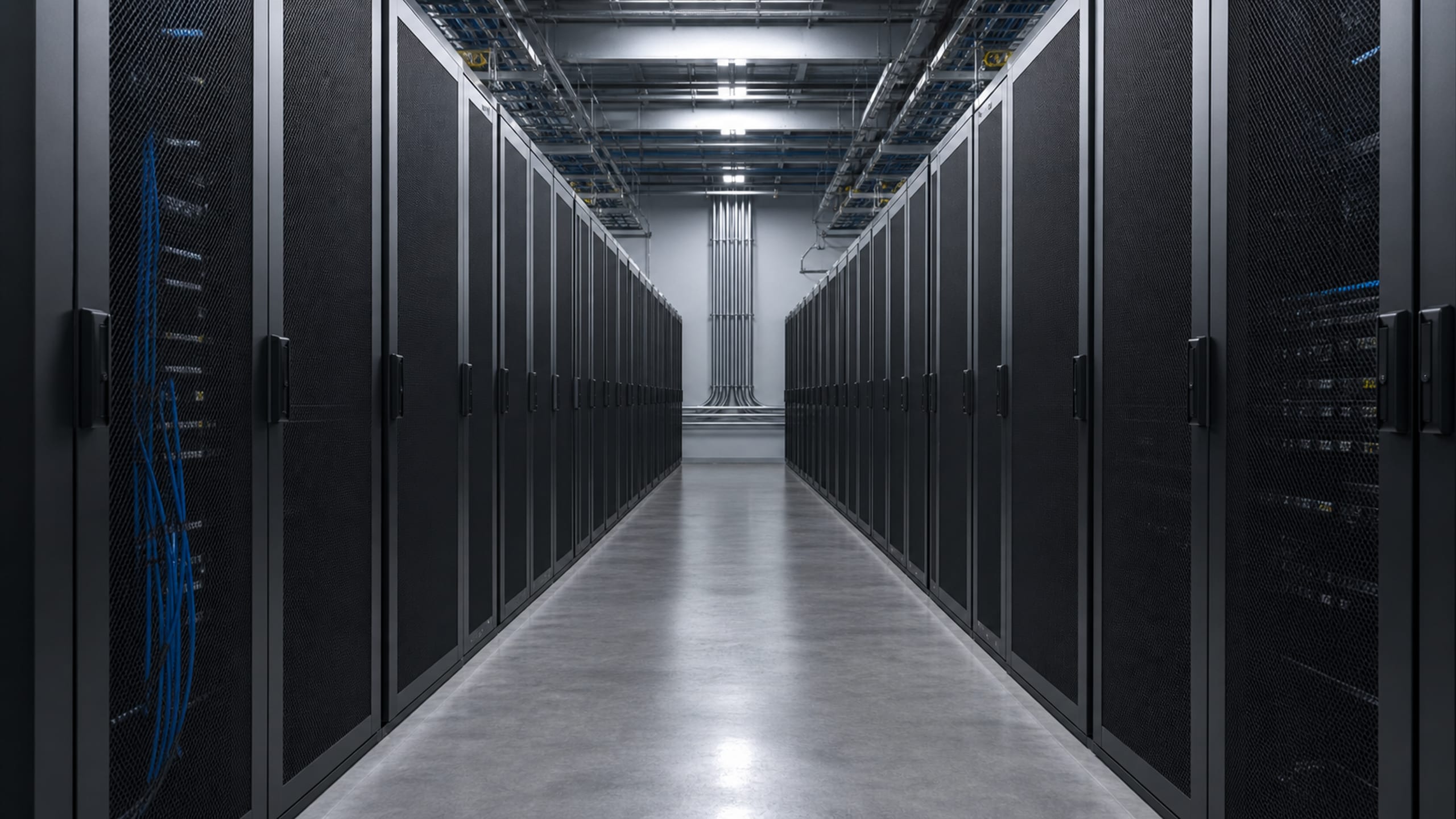 An equipment-room cold aisle of black cabinets with an overhead cable tray and conduit risers running the length of the room.