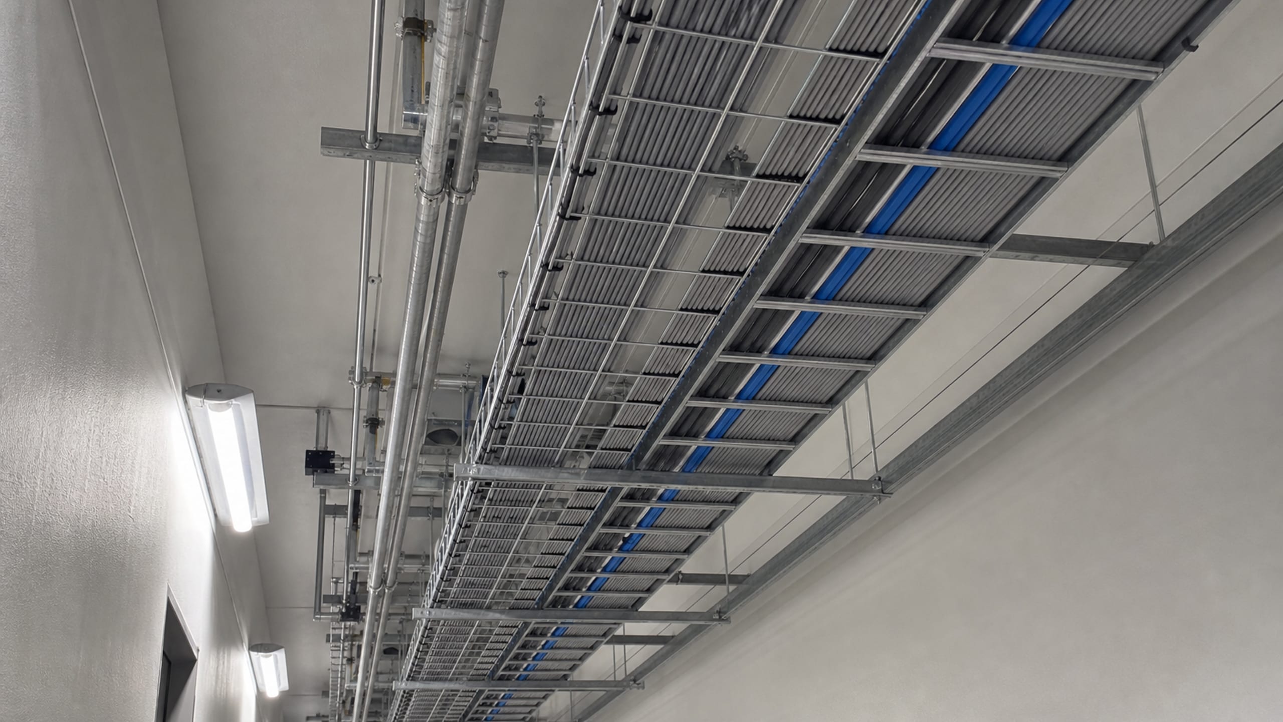 A fully loaded overhead cable tray packed with conduit and cabling running down a corridor ceiling.