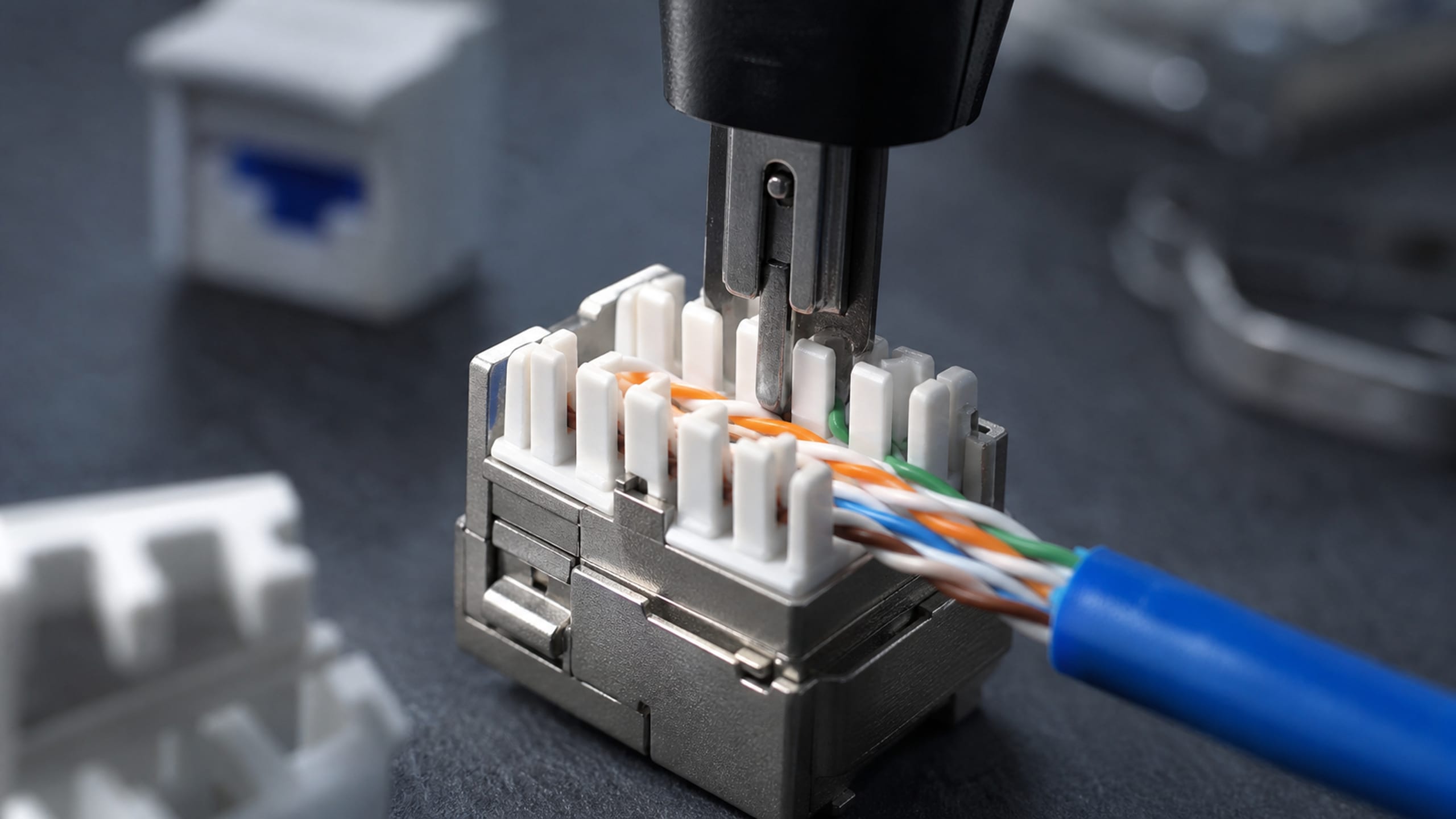 A punch-down tool seating color-coded twisted pairs into a shielded keystone jack.