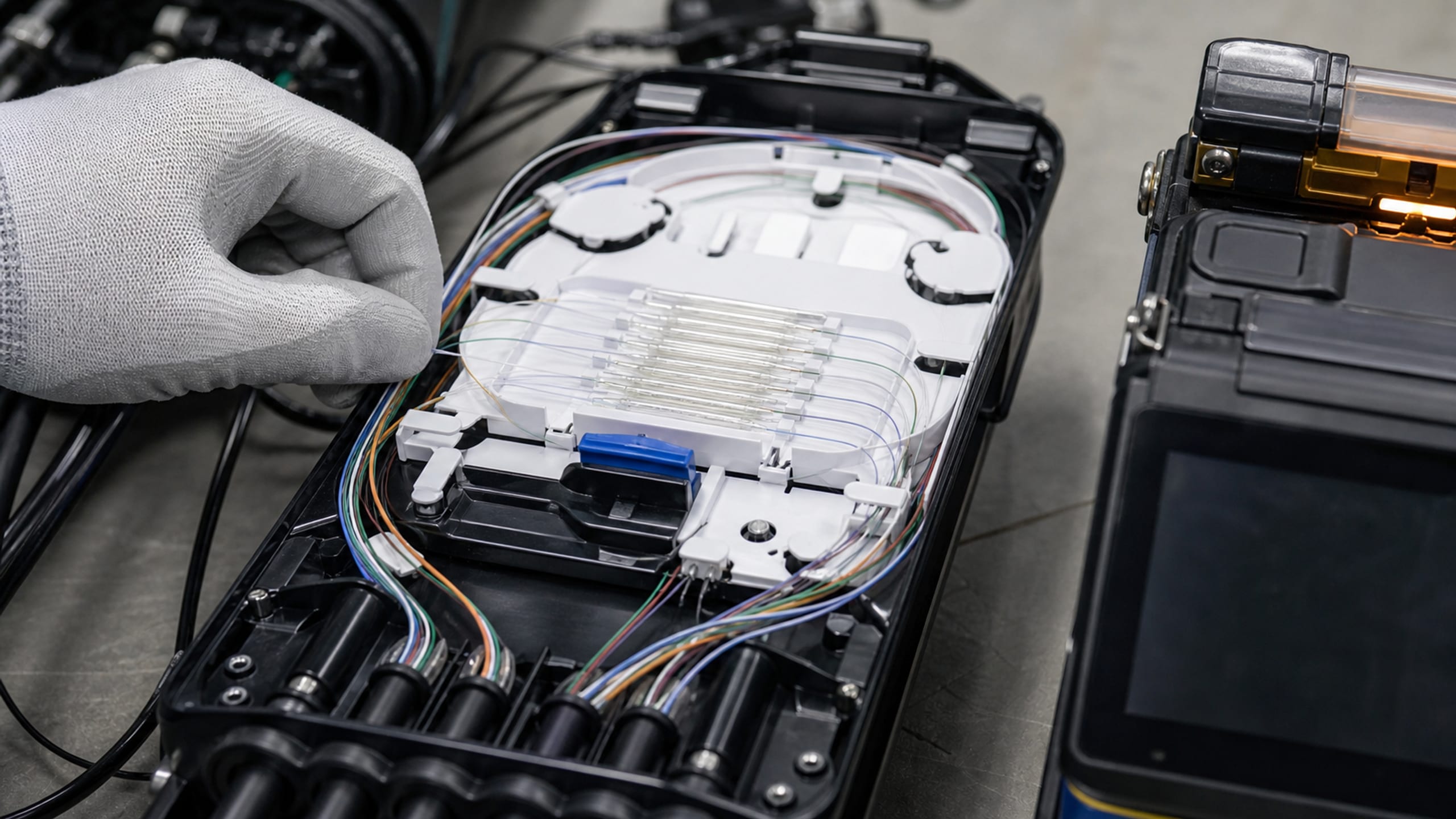A gloved technician organizing color-coded fibers into a splice tray beside a fusion splicer.
