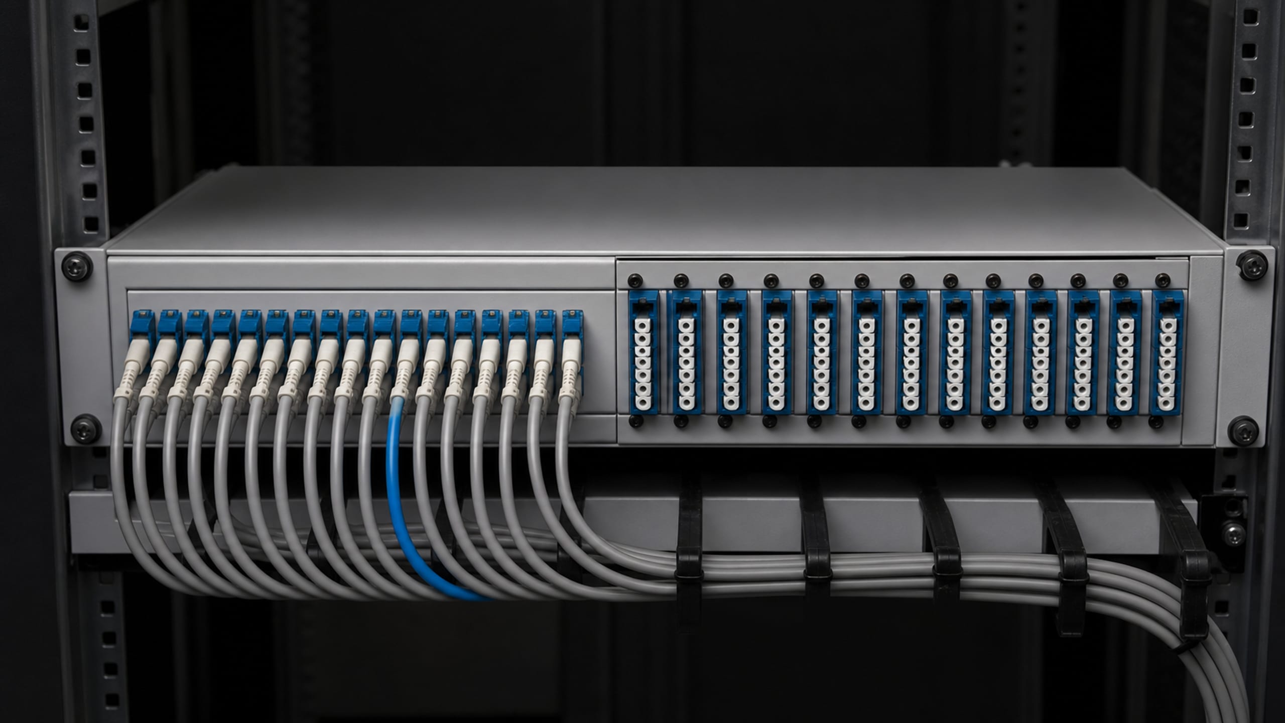 A rack-mounted fiber enclosure with LC patch cords on the left and blue splice-cassette adapters on the right.