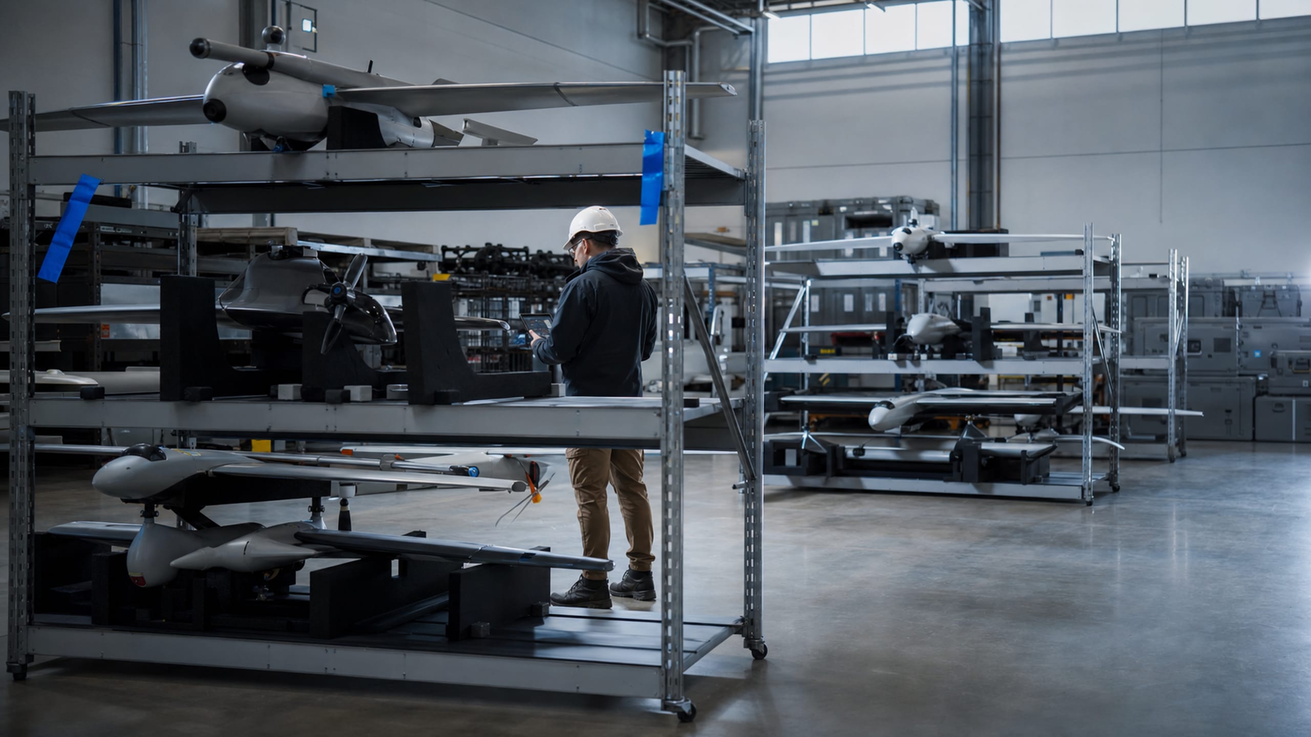 A receiving-and-screening bay with generic airframes staged on steel racks and a technician checking a tablet.
