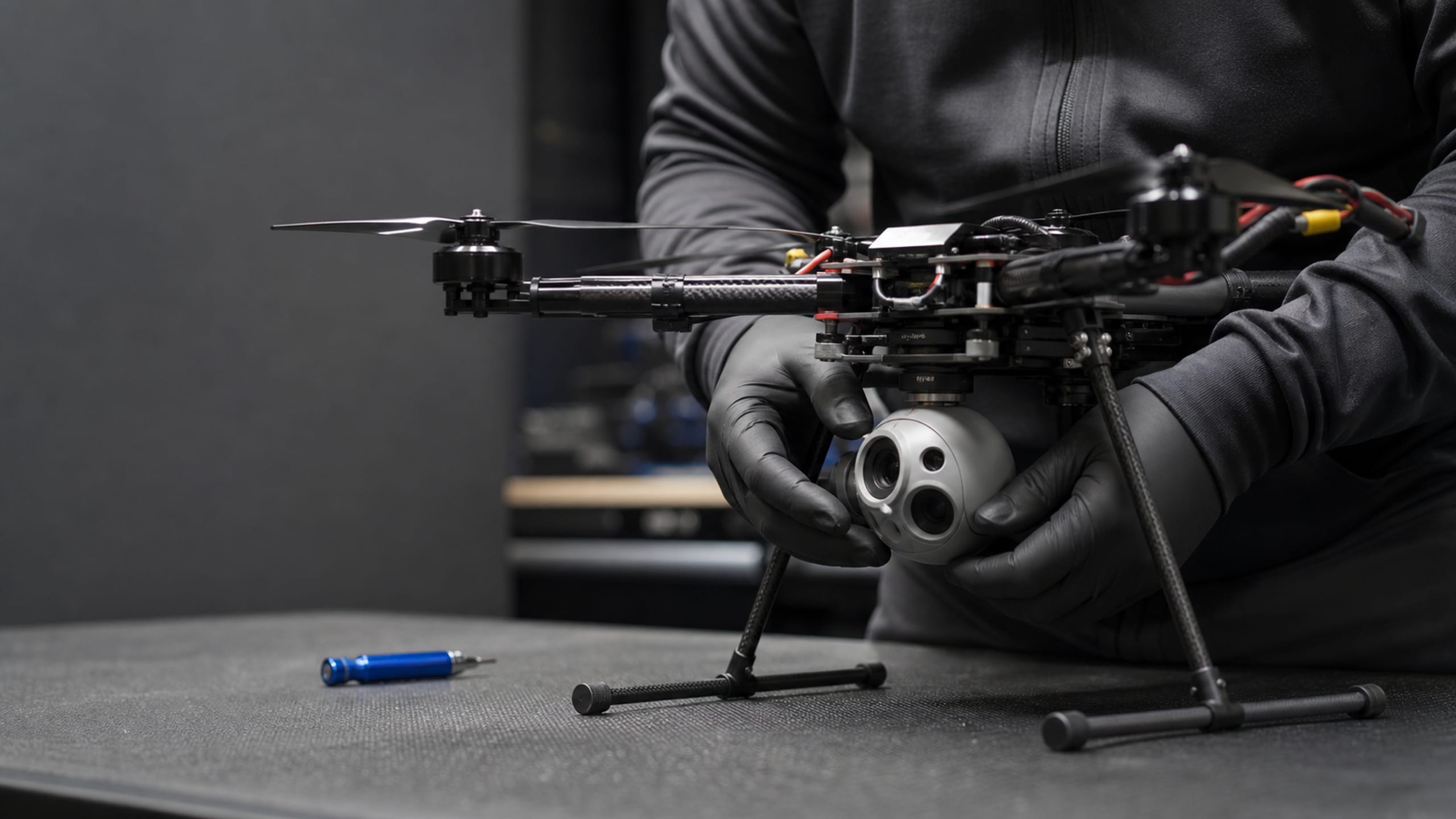A technician seating an electro-optical gimbal onto the belly of a multirotor at a lit bench.