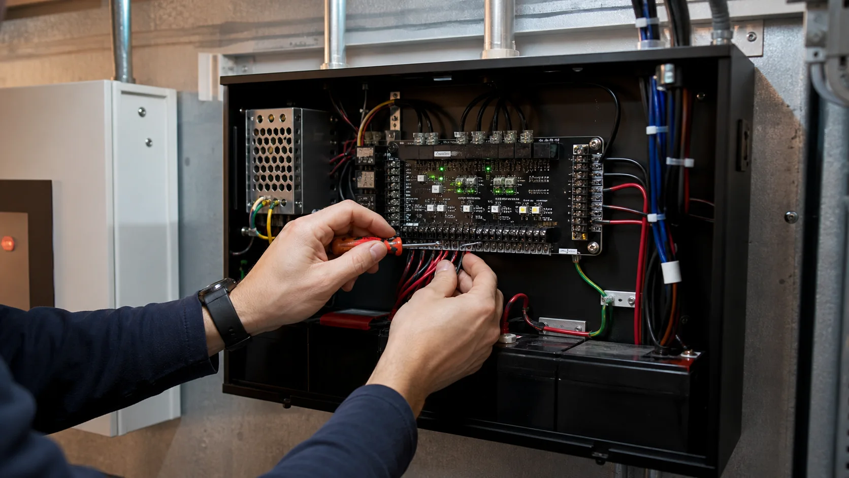 Commercial access-control panel wired and labeled inside a secure enclosure