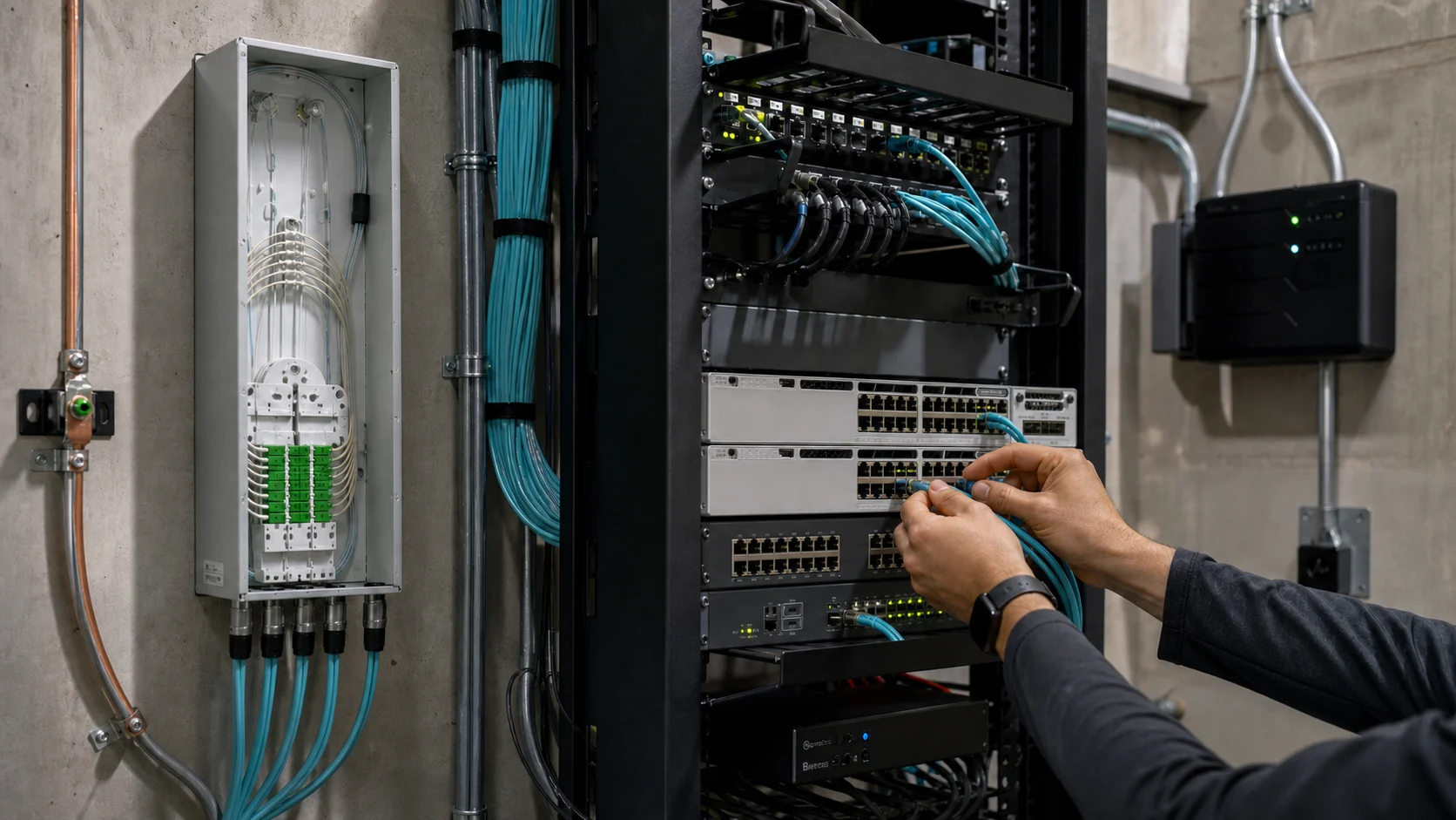 Technician patching Cisco enterprise switches beside an organized MDU fiber riser