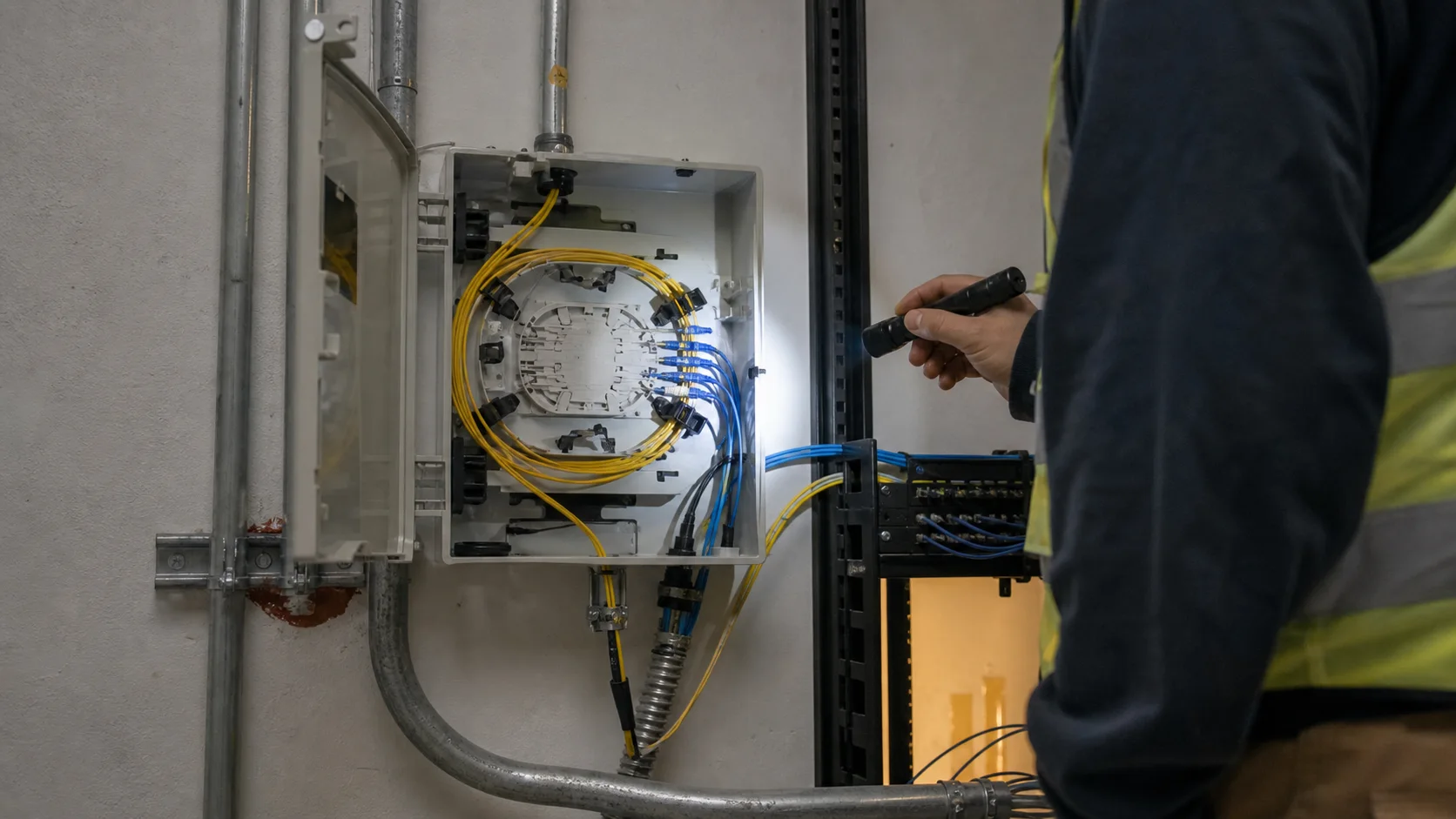 Technician inspecting and cleaning fiber connections at a business network handoff